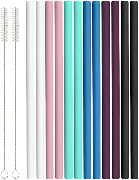 12 Straight Silicone Drinking Straws Set - Multi-Color, Reusable long Flexible Silicone Straws for 20oz and 30oz Tumblers, with 2 Cleaning Brushes, Drinks, Smoothies, and Coffee 8mm Dia