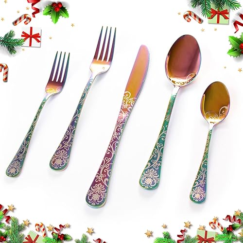 Miniatura 6 de Juego de cubiertos de acero inoxidable de 20 piezas para 4 personas, cuchillos, tenedores, cucharas, diseño de patrón vintage, pulido de espejo y