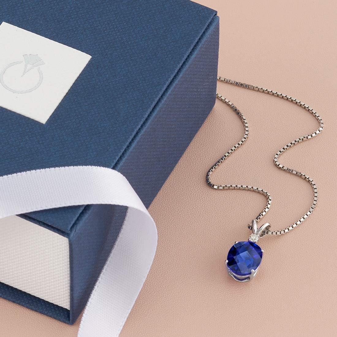 PEORA 14K White Gold Created Blue Sapphire Pendant and Earrings - Oval Shaped - Diamond Accented Pendant 3.65 Carats + Stud Earrings 2 Carats