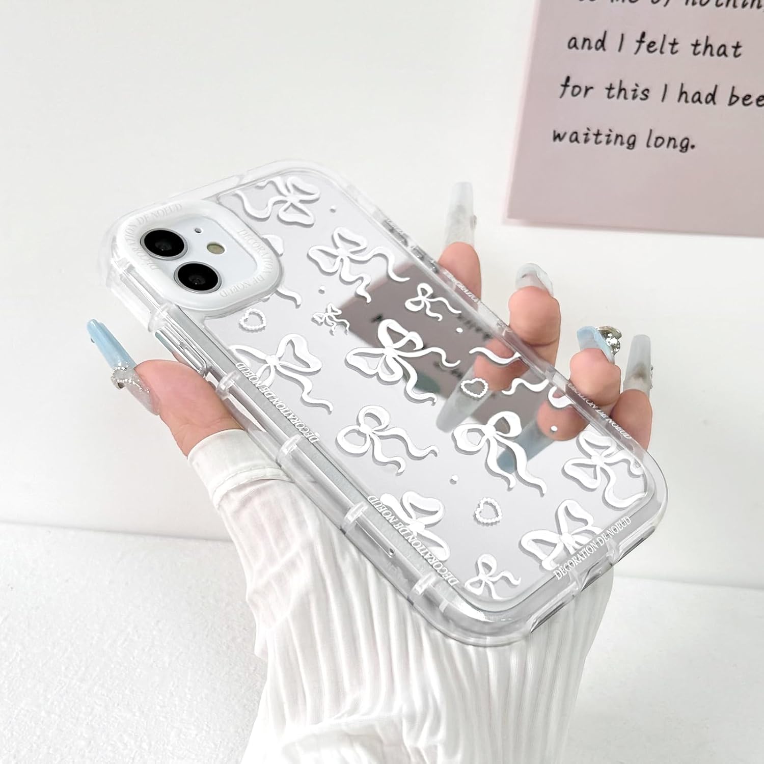 nititop compatible with iphone 11 case cute mirror bow love heart pattern for women girls ribbon design shockproof silver protective phone cover - white bow white iphone 11
