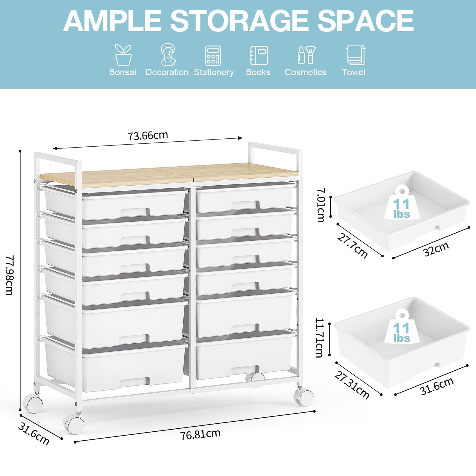 KINGRACK Rollcontainer mit 12 Schubladen und Holzarbeitsplatte, Schubladenschrank für Badezimmer, Küchen, Wohnzimmer und Büros (weiß)