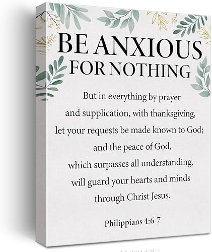 Póster de pared con versículo bíblico positivo con texto en inglés "Be Anxious for Nothing", pintura enmarcada de Filipenses 46-7 para decoración