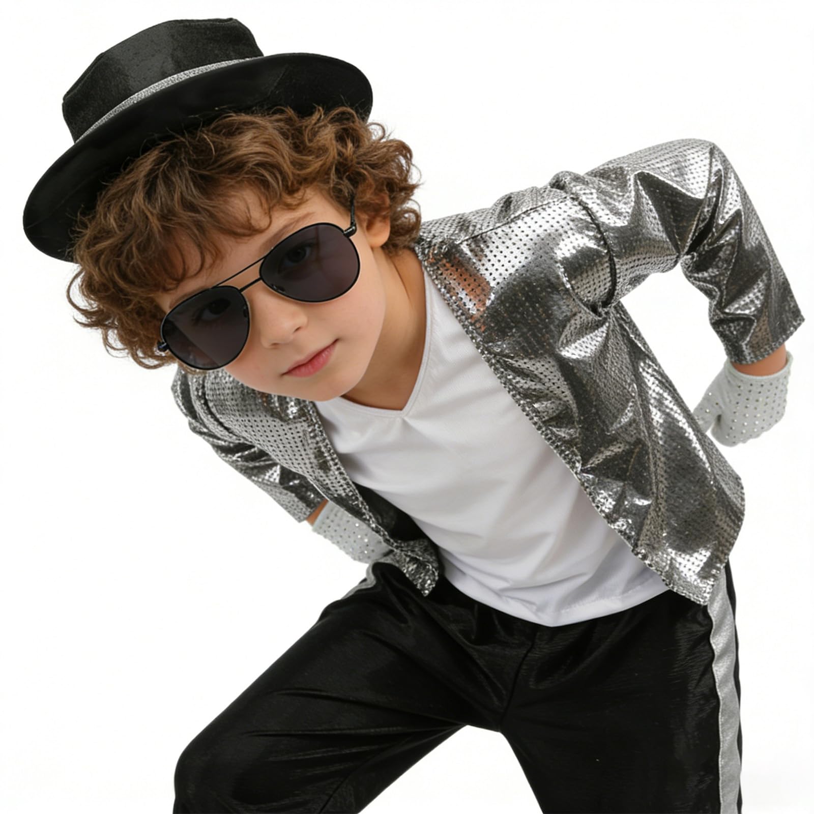 Costume da pop star per bambini musicista anni '80 retrò giacca argento pantaloni cappello occhiali guanto discoteca outfit Halloween Cosplay abbigliamento palcoscenico performance danza