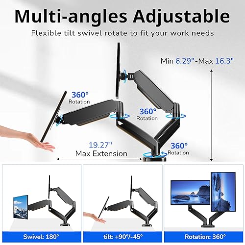 Miniatura 5 de Brazo para monitor, brazo de monitor doble para computadora para pantallas de computadora de 13 a 32 pulgadas, soporte giratorio de altura ajustable