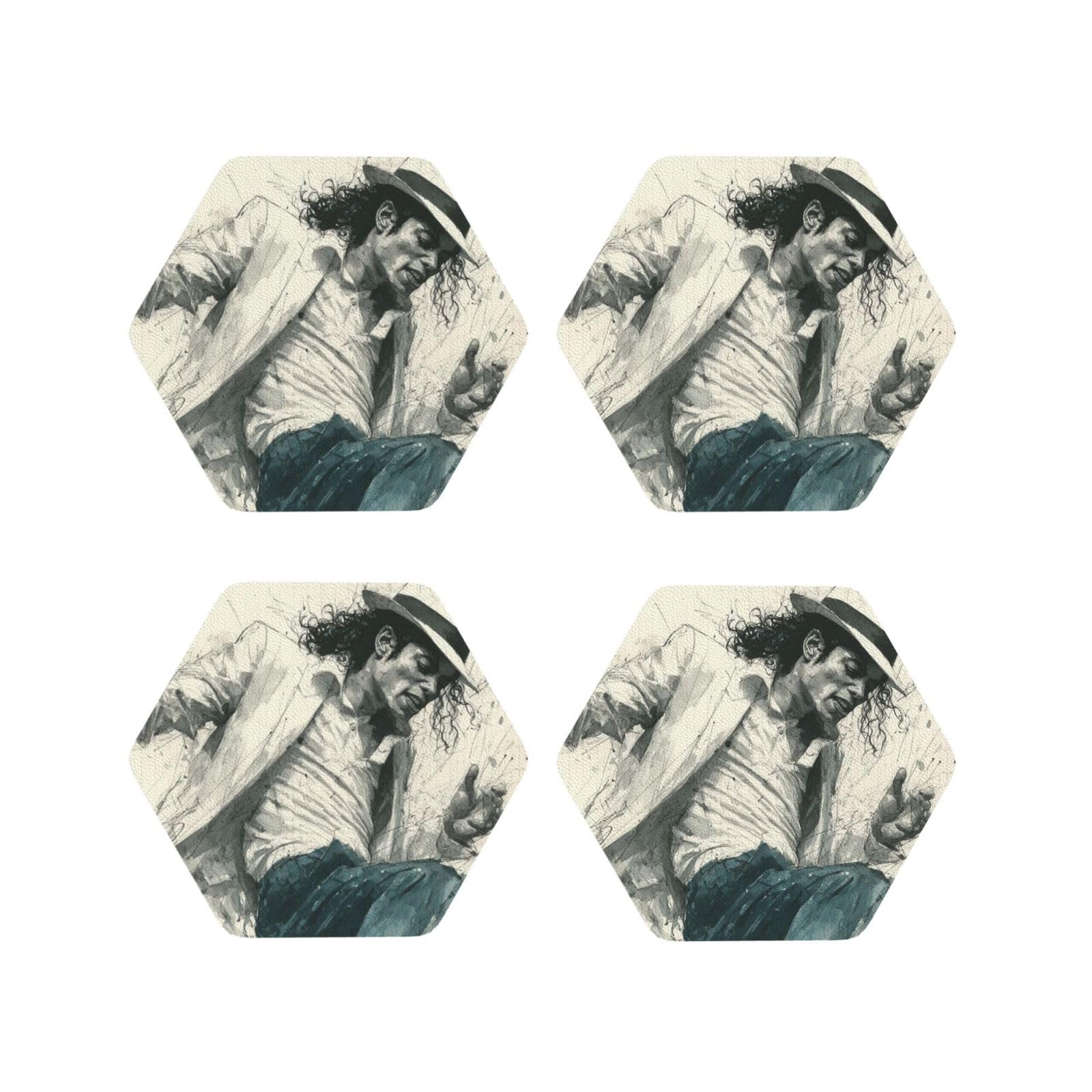 Coasters Set of 4 Round Leather Coaster Quick-Dry Drink Michael Jackson Coasters for Desk Absorbent Mugs Pads Tabletop Protection Pad Heat Resistant Coffee Cup Mat for Kitchen Bar
