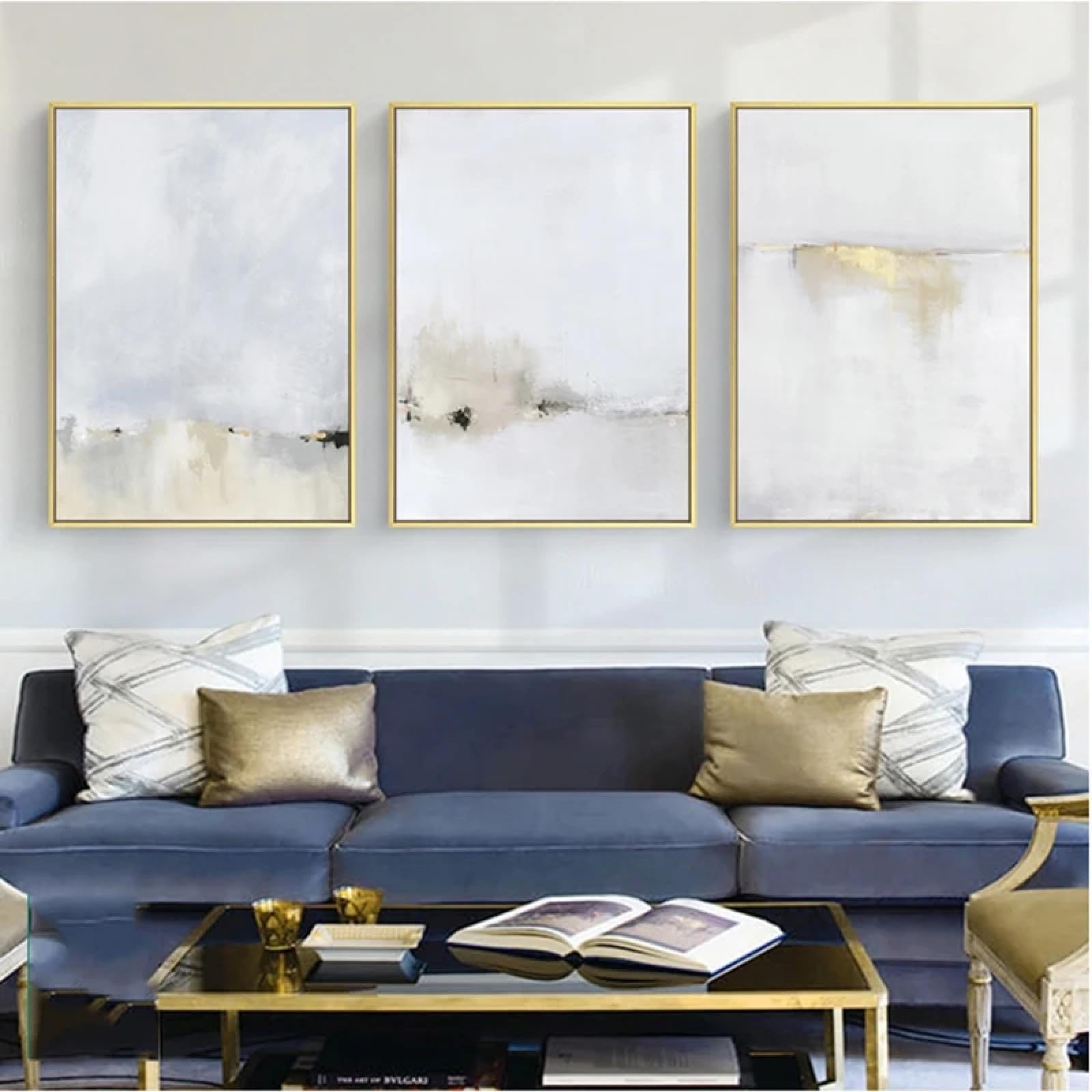 Peinture sur toile abstraite dorée blanche 60x80 images art mural déco moderne salon 3 cadres - 8