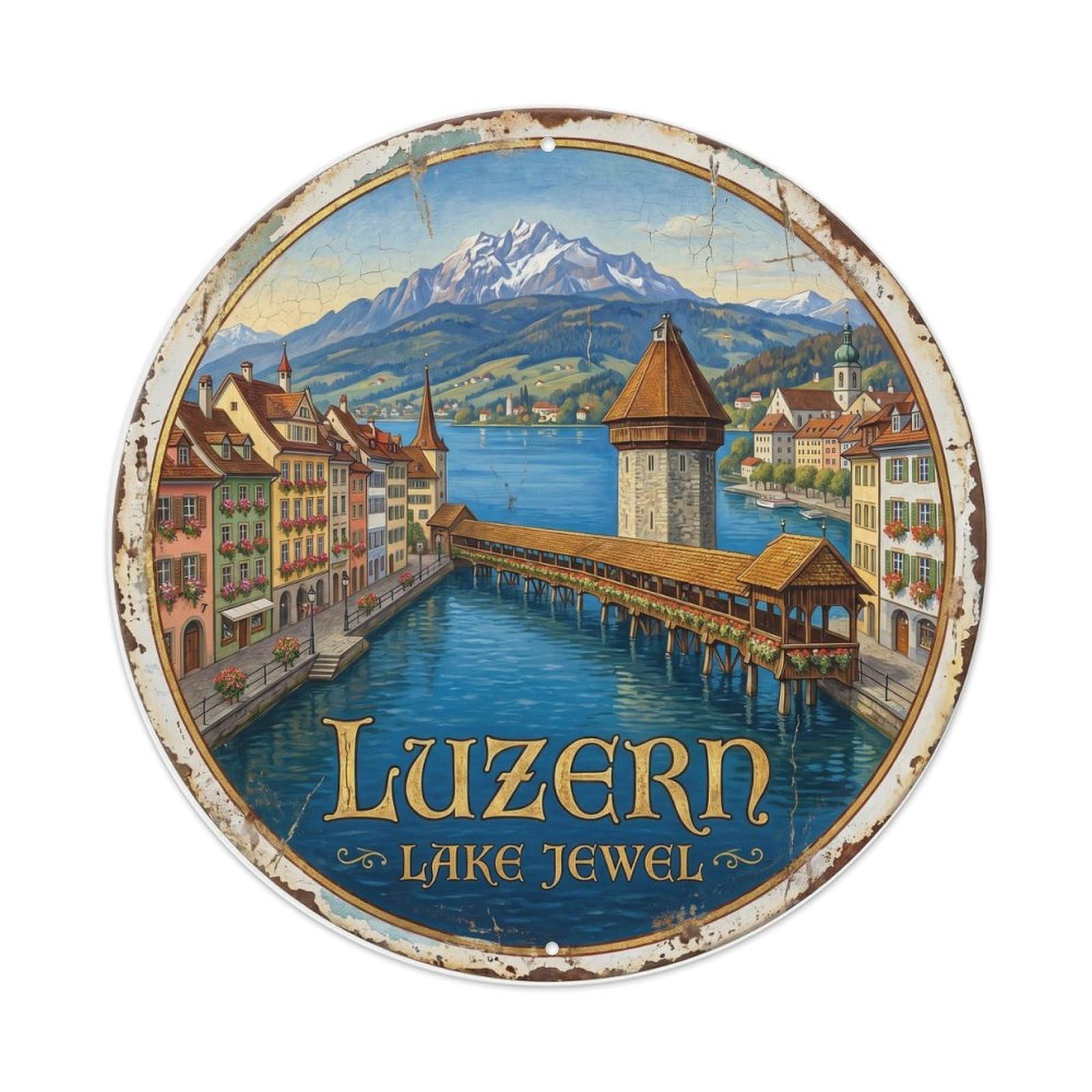 Vintage Travel Lucerne Oldtown Switzerland Metal Tin Sign