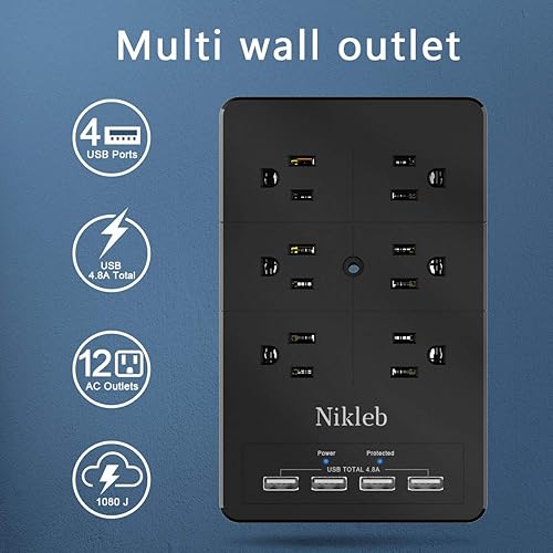 Miniatura 10 de Protector de sobretensiones 23 en 1, cable de extensión de 6 pies con 3 puertos USB inteligente 3.1A, adaptador de salida múltiple 20 tomas,