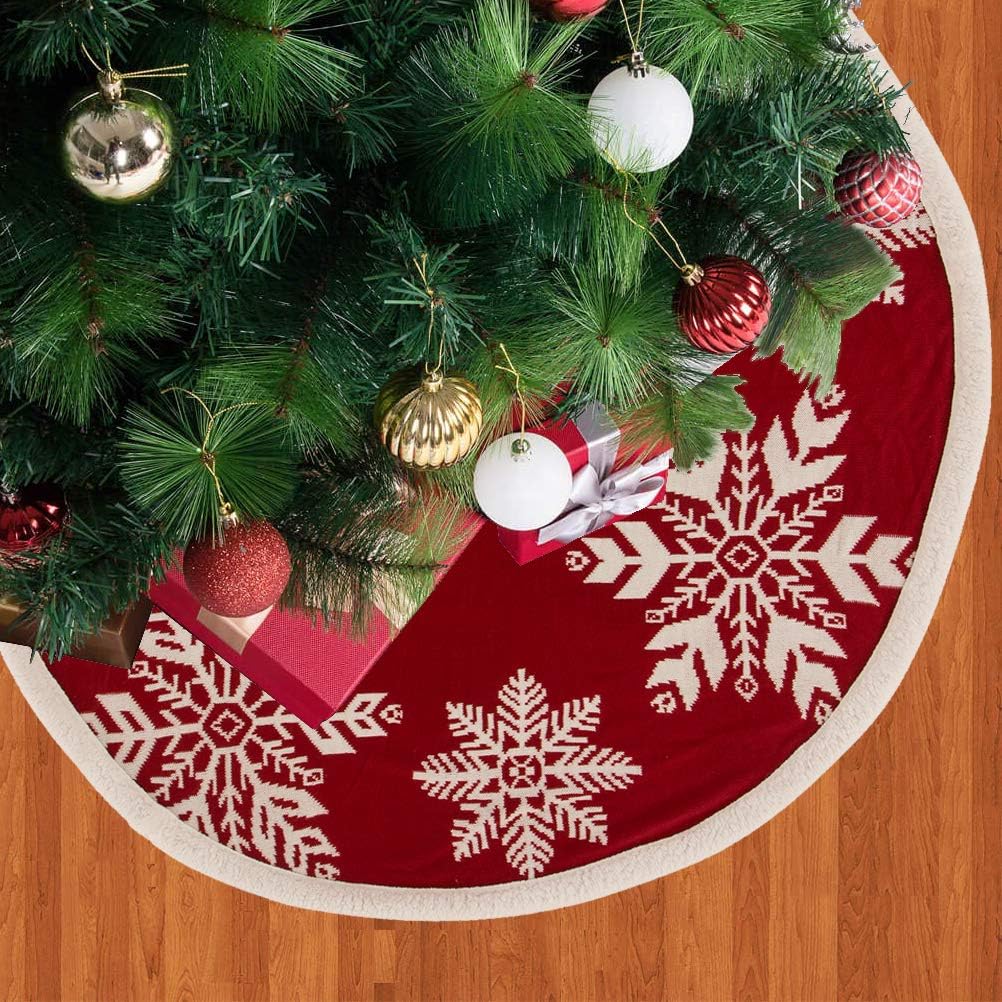 Glitzhome 48" Knitted Red Christmas Tree Skirt with Snowflake Pattern for Xmas Winter Holiday Party Decoration(White Snowflake)