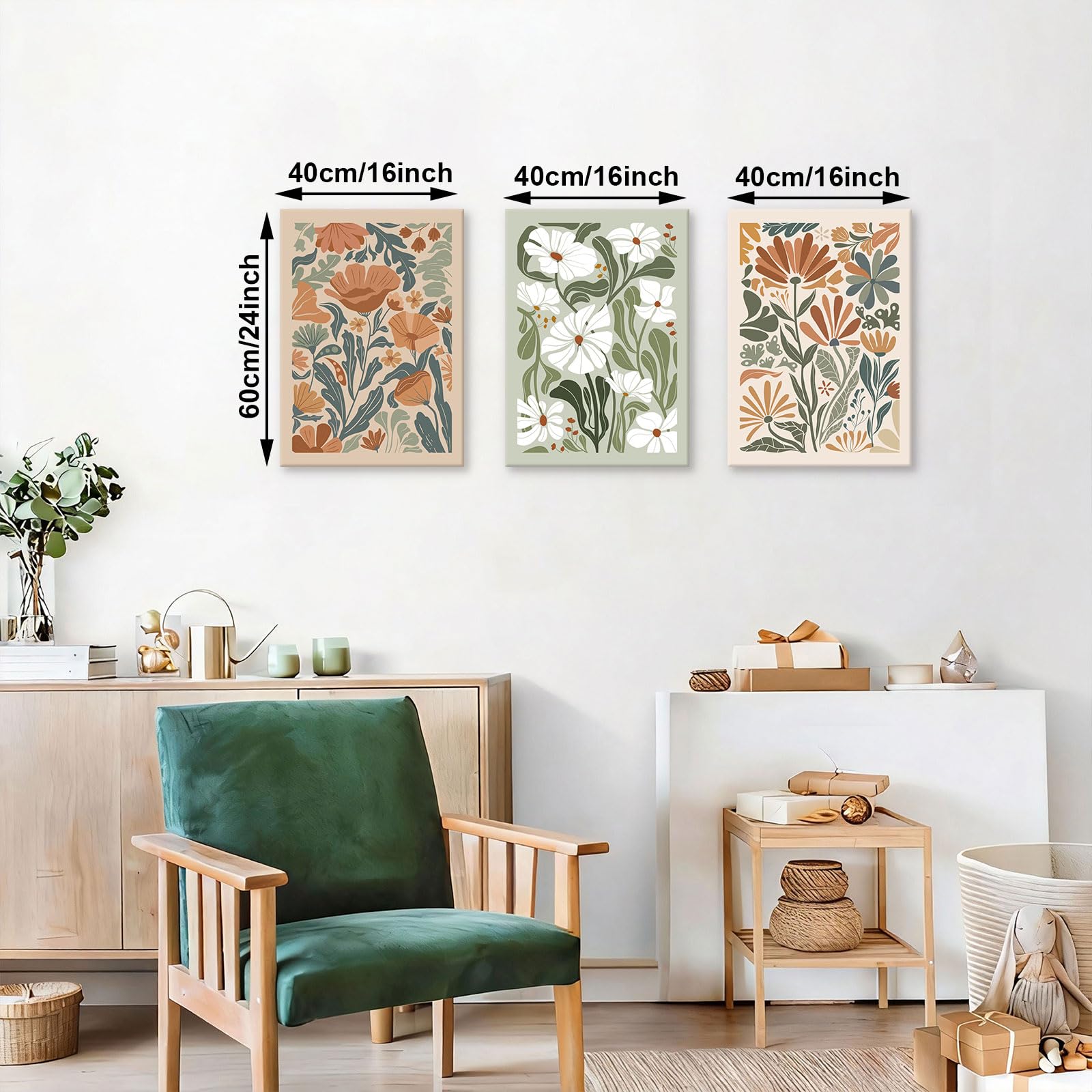 Abstract Floral Framed Canvas Wall Art Boho Floral Botanical Print Set of 3 Green Beige Wildflower Flower Market Paintings Modern Minimalist Pictures Decor Bedroom Bathroom Living Room Office 16"x24" - Image 2