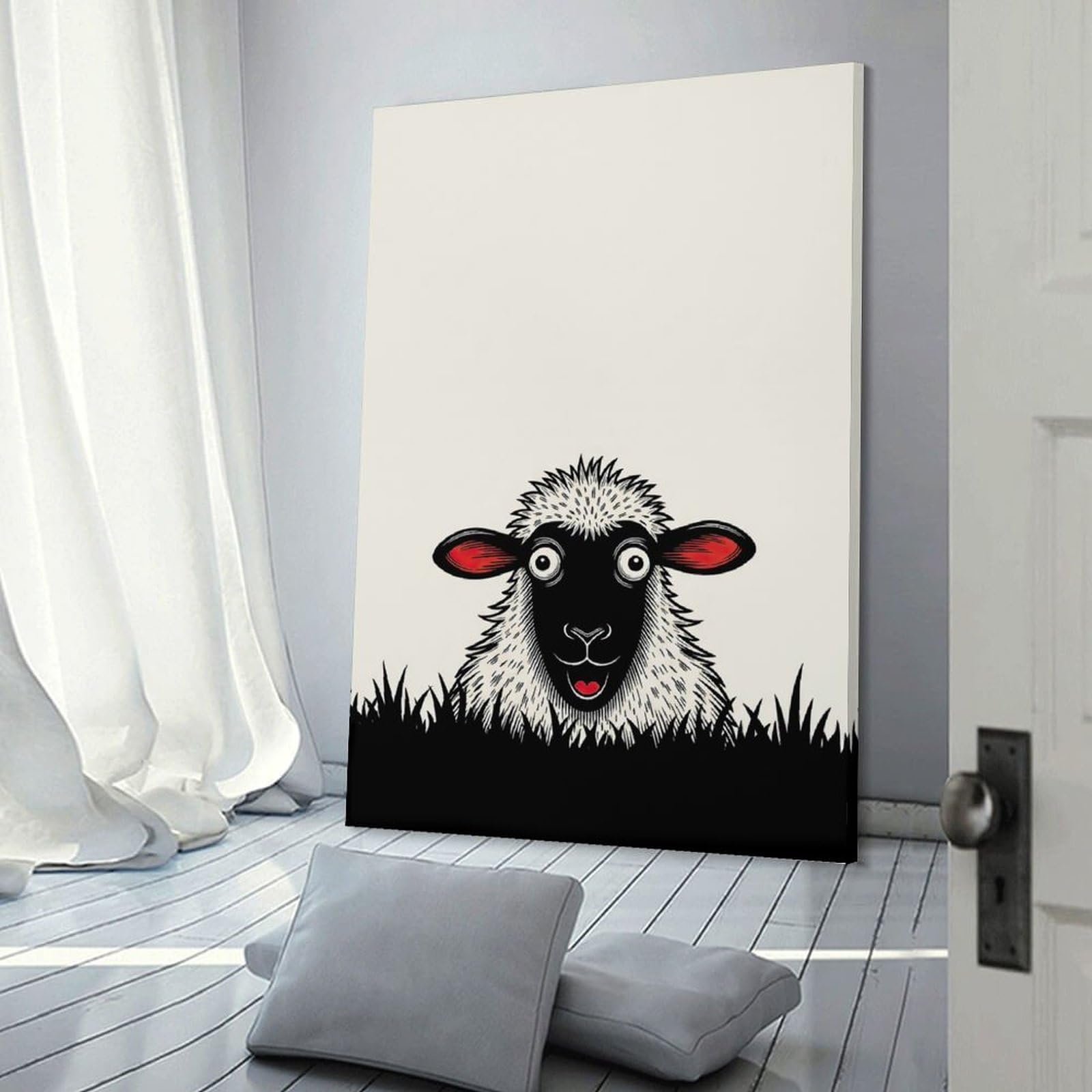 Junmoney Wall Art Print Funny Sheep Peeking Over Grass, 08x12inch(20x30cm), for Living Room, Lounge Or Sitting Room, Eye Catching Artwork for Blank Walls
