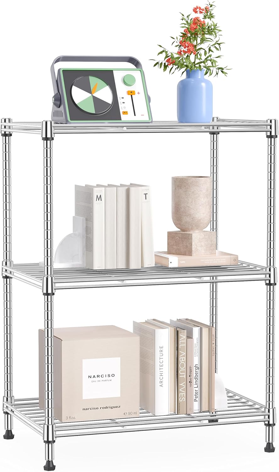 IZEUK 3 Tier Shelf, Heavy Duty Steel Wire Shelving Unit for Home, Kitchen, Laundry Room Organization, Office Storage Rack (17.7" W x 11.8" D x 26.3" H, 450LBS, Chrome) 3 Tier, 11.8" D x 17.7" W x 26.3" H Chrome