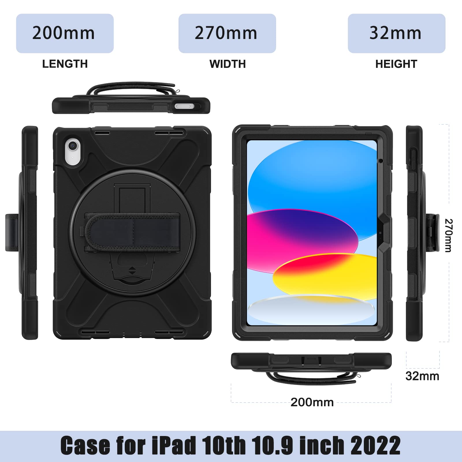 Gerutek Coque Antichoc pour iPad (A16) 11ème/10ème Génération (11/10.9 Pouces) 2025/2022, Coque pour iPad 10ème, Étui Robuste avec Support Rotatif à 360°, Dragonne et Bandoulière, Porte-Stylet, Noir