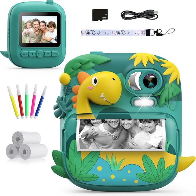 Kinderkamera Sofortbildkamera, CAMCLID 2,4 Zoll Digitalkamera Kinder Dinosaurier Sofortbildkamera mit 32G Karte und 3 Rollen Druckpapier, Geschenke für Jungen und Mädchen 3-12 Jahre