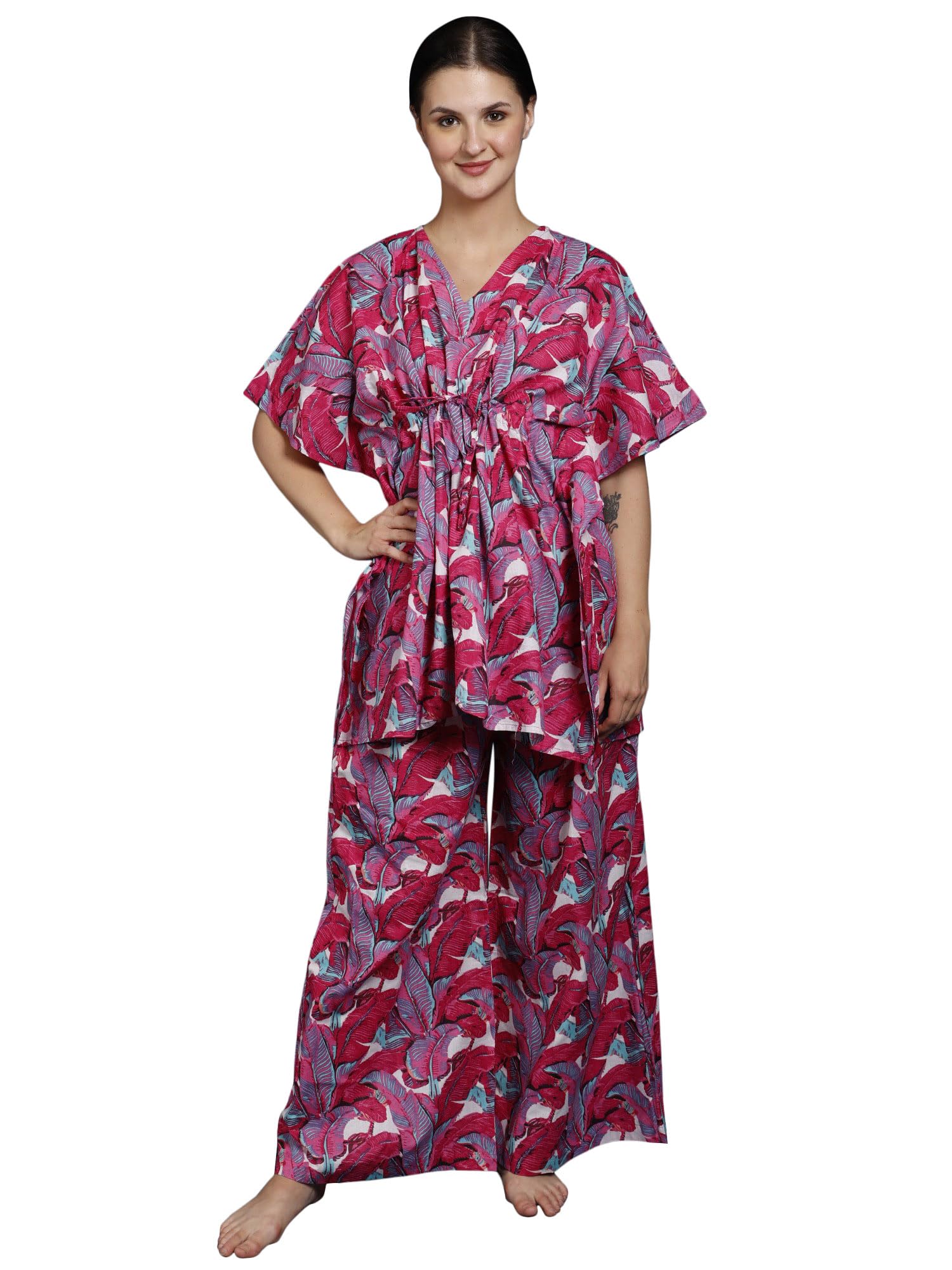 Pure Cotton Kaftan Style Co-Ord Set with All-Over Leaf Print, Carmine, Free Size-image-17