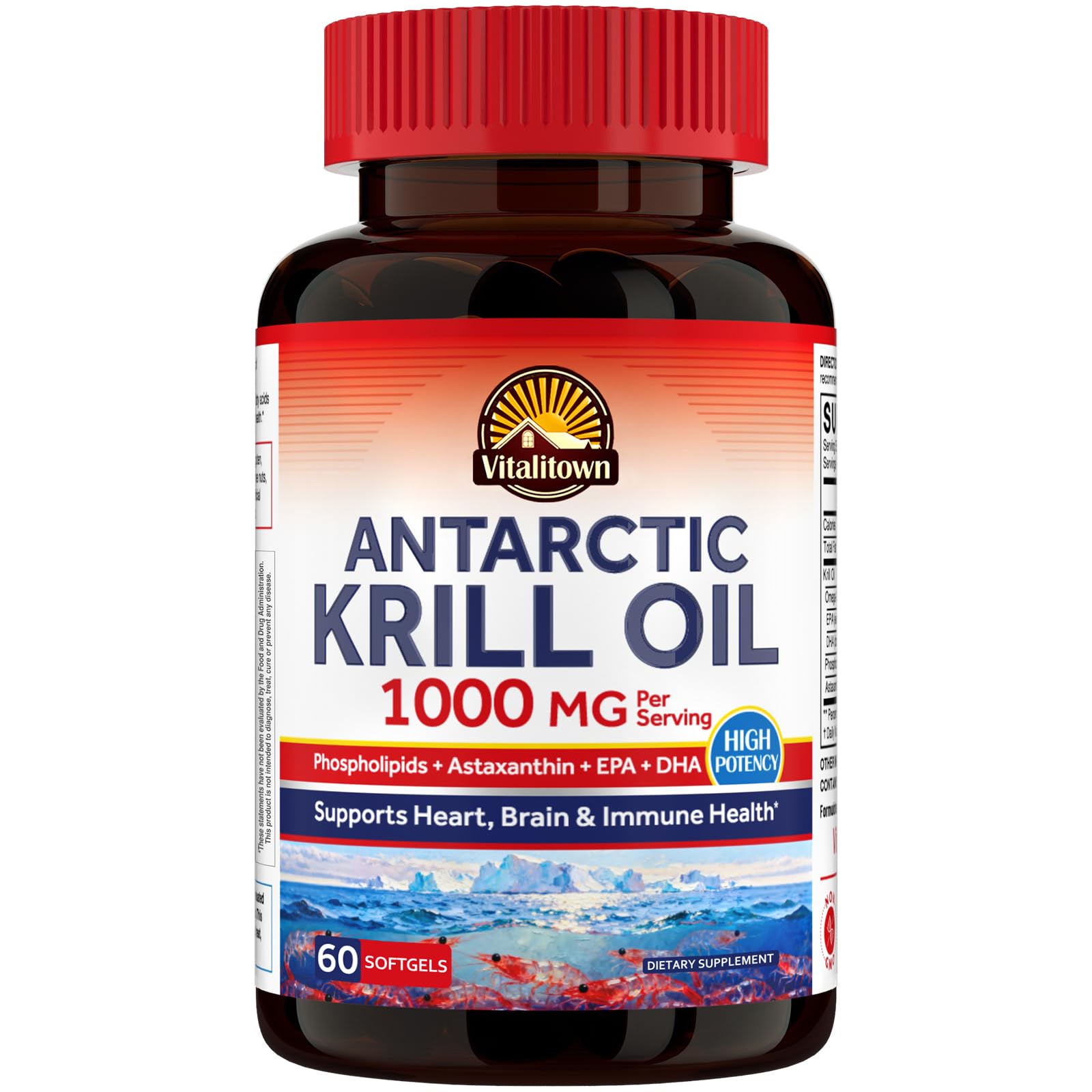 Vitalitown Krill Oil Omega-3 Softgels 1000mg, EPA, DHA, Omega 3 Fatty Acids, Phospholipids, Astaxanthin, Sustainably Sourced, for Heart, Brain, Immune Health, 60 Softgels
