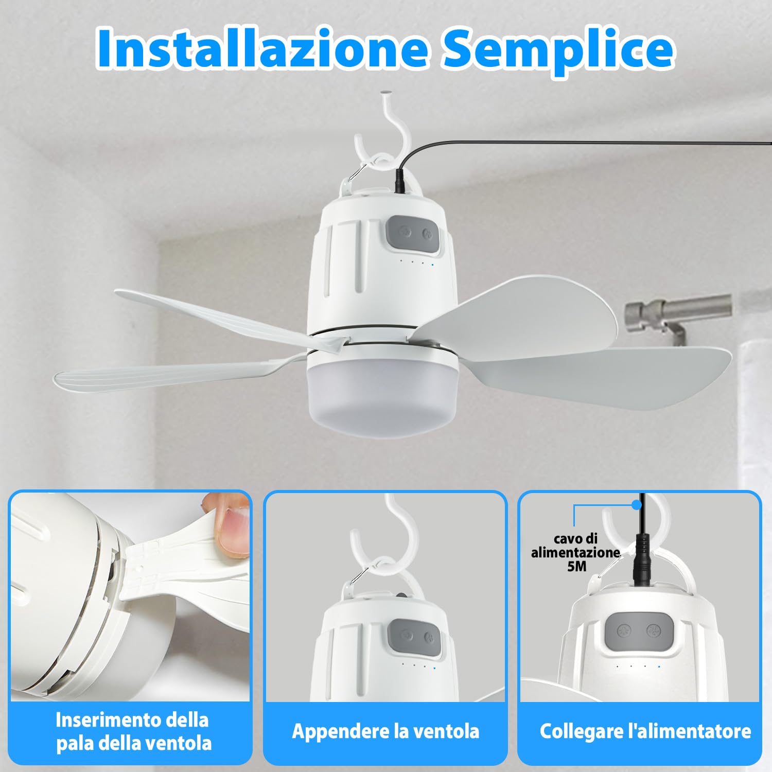 Gliztech 50cm Ventilatore da Soffitto con Luce Ventilatore da Soffitto con Illuminazione Spina da 5m Telecomando Silenzioso ad Alta Efficienza Energetica, Adatto per Camera da Letto, Gazebo, Tettoia