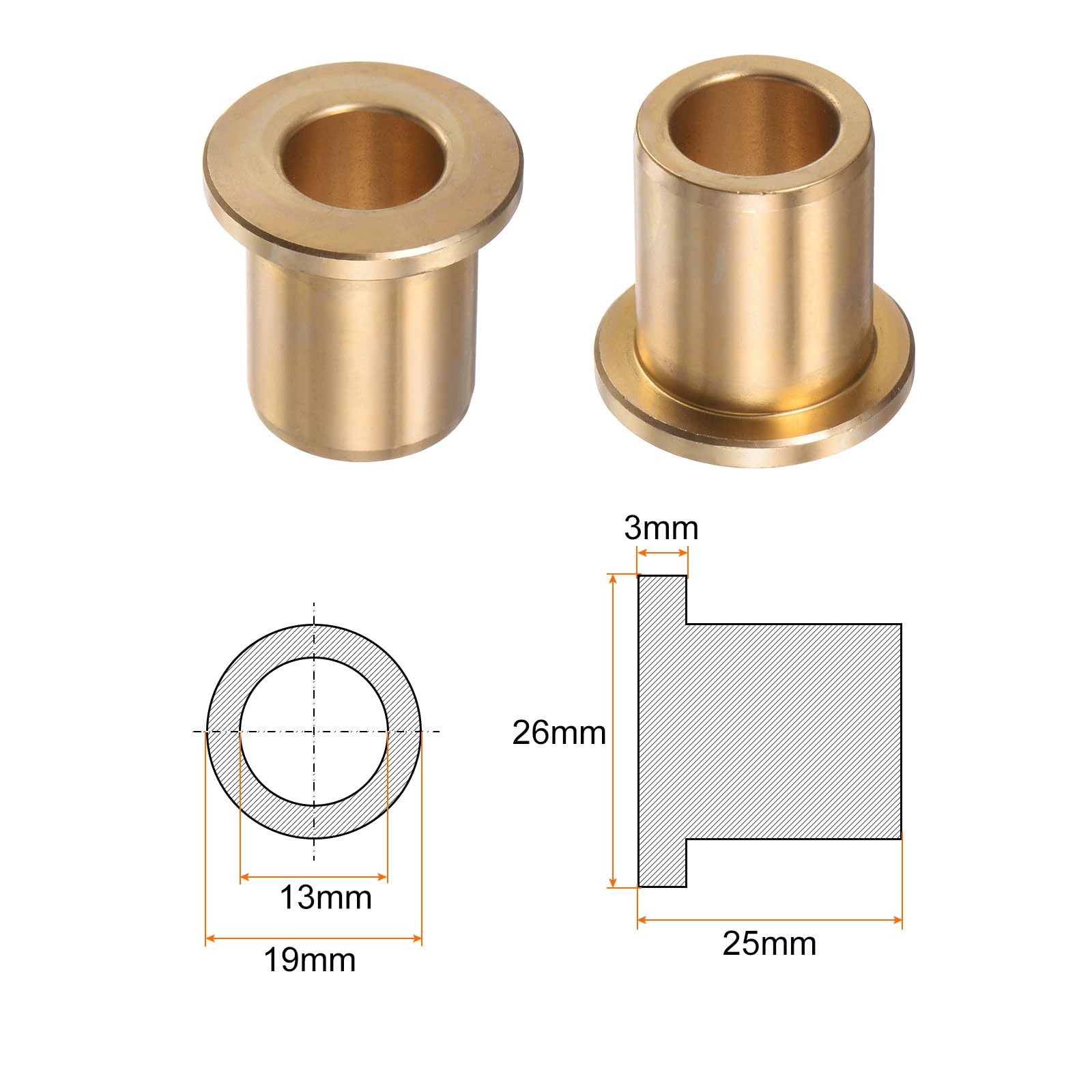 QUARKZMAN Brida Cojinete Manguito 13mm Interior Diámetro 19mm OD 25mm Longitud 3mm Brida Grosor Bronce Buje Autolubricantes Bujes Manguito para Industriales Equipos