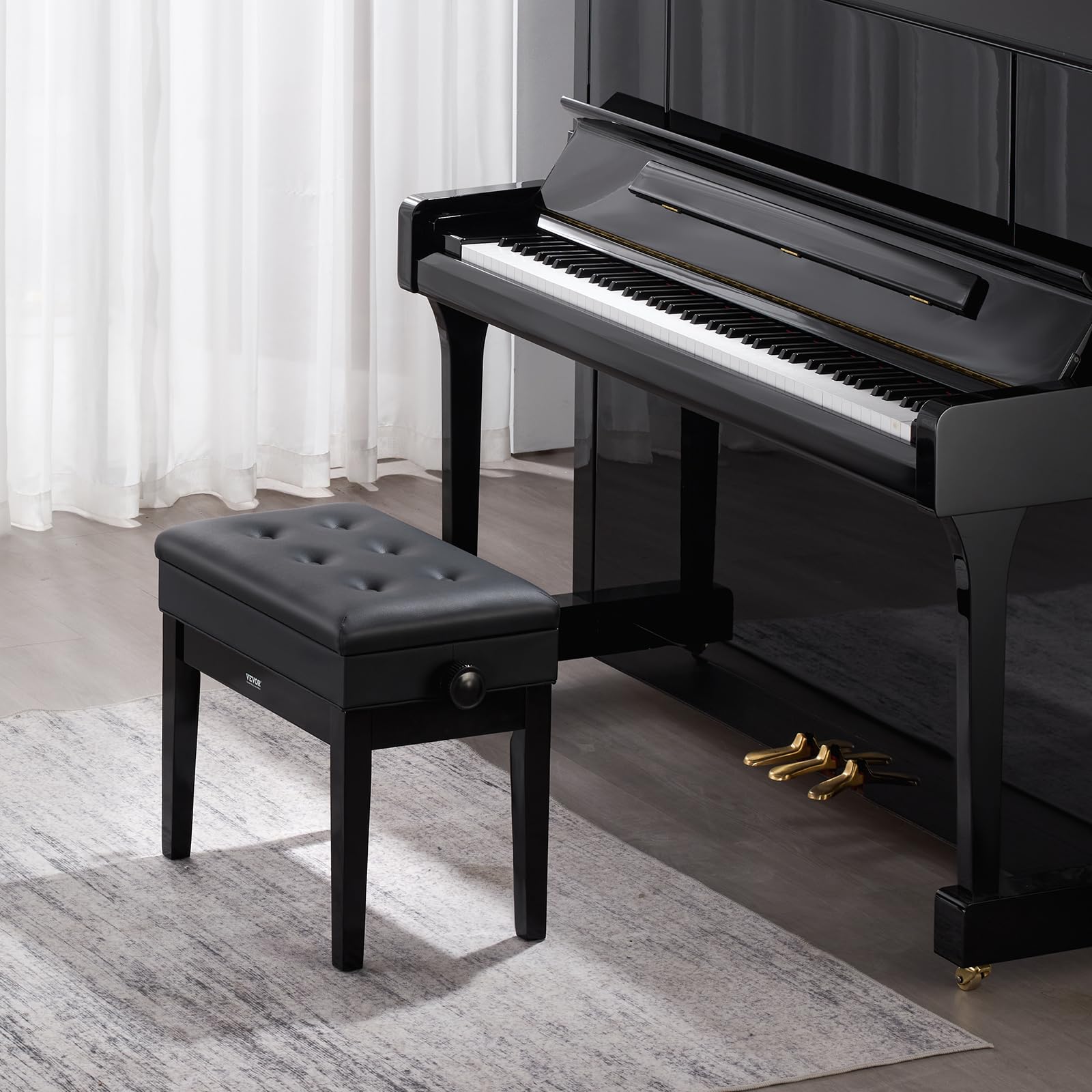 VEVOR Panca per Pianoforte 560 x 340 x 490 mm Sedia per Tastiera con Altezza Regolabile, Cuscino Imbottito, Scomparto Portaoggetti per Libri di Musica, Sgabello per Pianoforte in Legno, per Toeletta