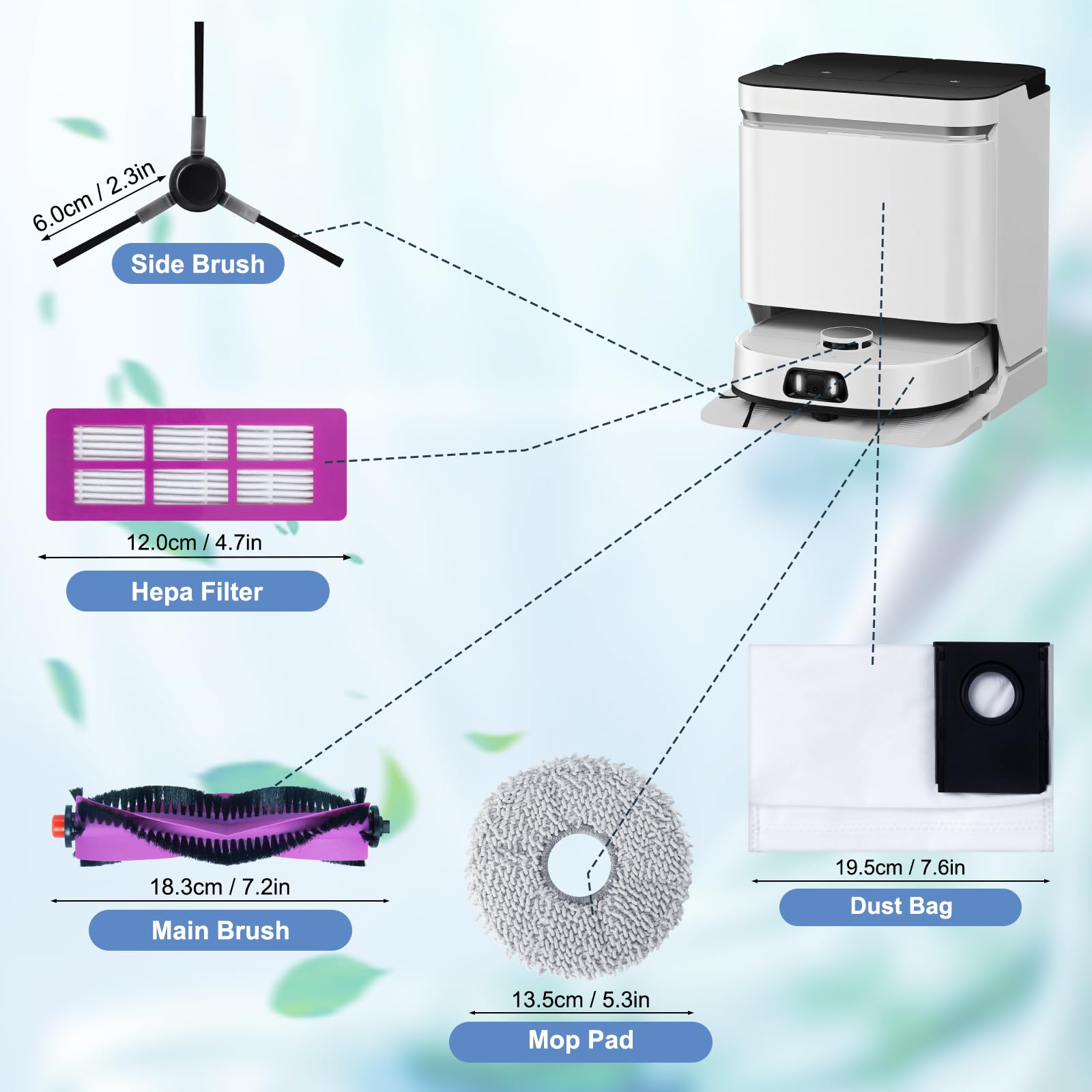 DianSung accessoires pour Eureka J15 Pro Ultra robot aspirateur pièce de rechange, Brosses à rouleau + 4 Chiffon + 3 sac à poussière + 4 brosses latérales + 3 filtres