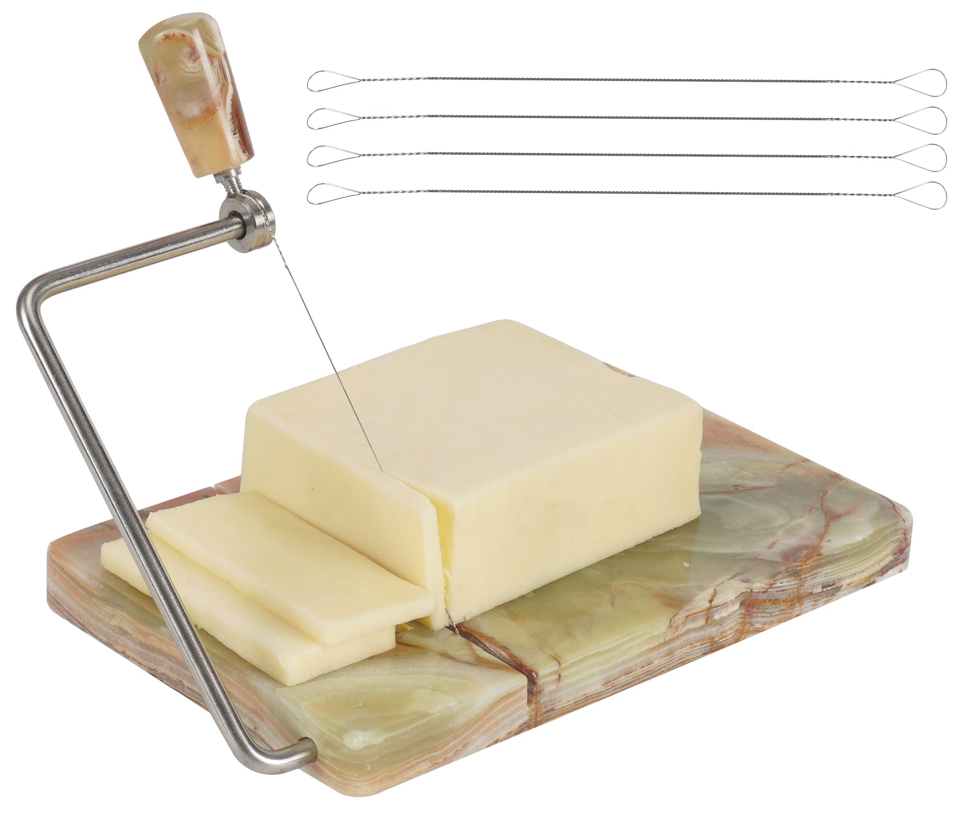 Radicaln Käsehobel aus Marmor, handgefertigtes Schneidebrett mit Draht, Mehrzweck-Küchenhelfer für weiche Lebensmittel, Butterschneider, mit 4 Ersatzdrähten, 20,3 x 12,7 cm, grüner Onyxmarmor