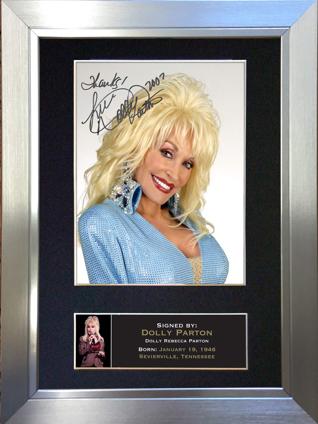The Autograph Collector Gold,Silver,Black Dolly Parton Signed Autograph Mounted Photo Reproduction Print A4 Very Rare (297 X 210Mm) #239 (Silver Frame)