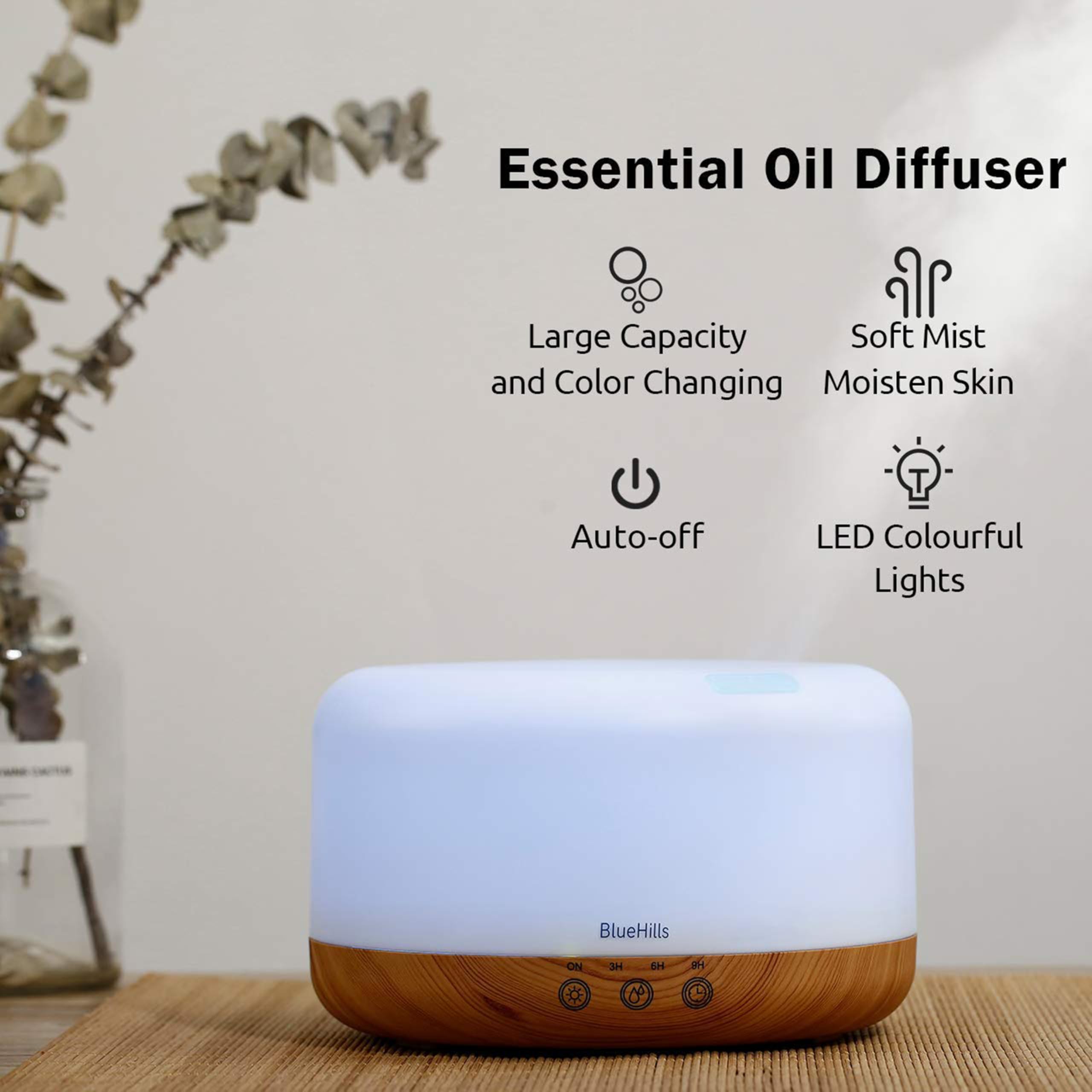 BlueHills Humidificador de aromaterapia con difusor de Aceite Esencial con Control Remoto y Temporizador para una casa Grande Extra Grande Multi