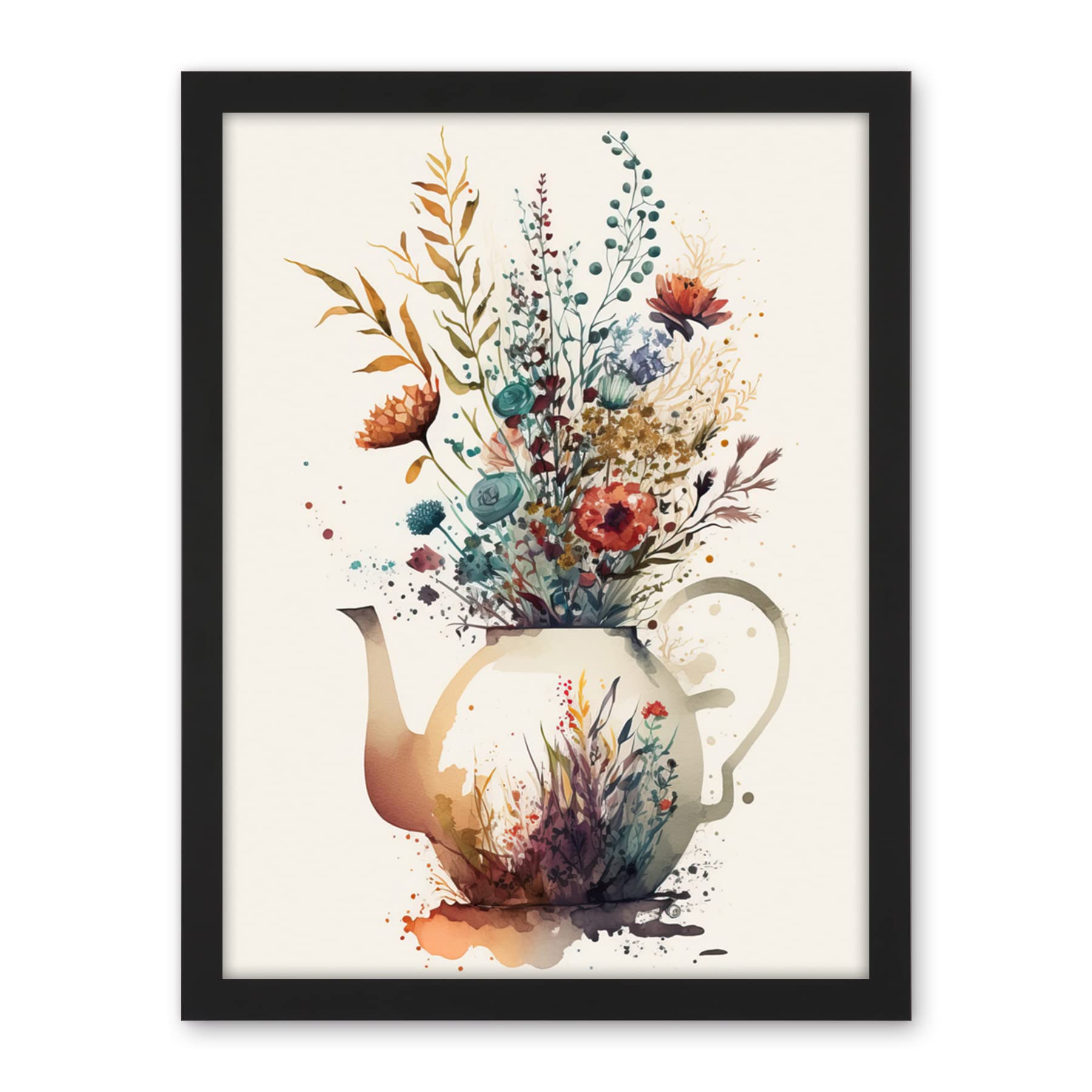 Artery8 Wildflower Bouquet Teapot Vase with Floral Design Artwork Framed Wall Art Print 18X24 Inch