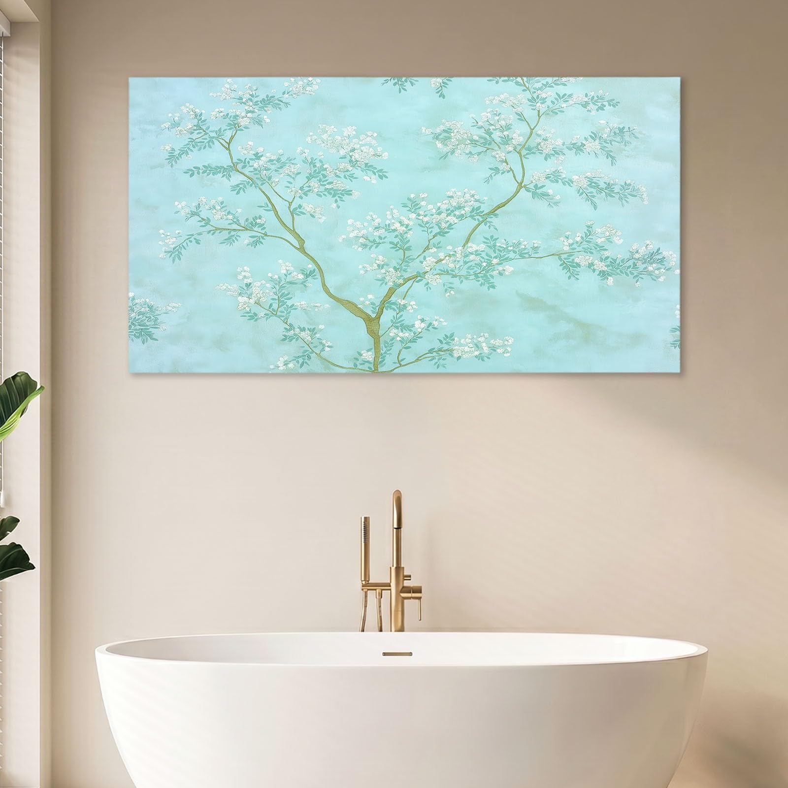 Obraz ścienny z ramą 100 x 70 cm, naturalny, obraz na płótnie do salonu, sypialni, kuchni, biura - niebieskie drzewa, kwiaty, gałązki i liście, dekoracja ścienna