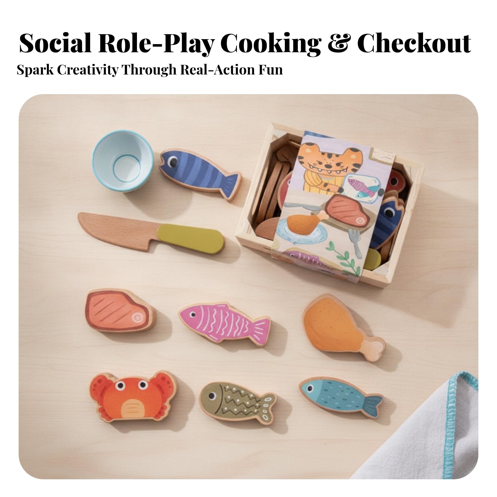 Holz-Lebensmittelset Bedruckt Holz-Spiellebensmittel Griffausschnitte Kaufladen Zubehör Set für Rollenspiel, Pappelholz Desserts