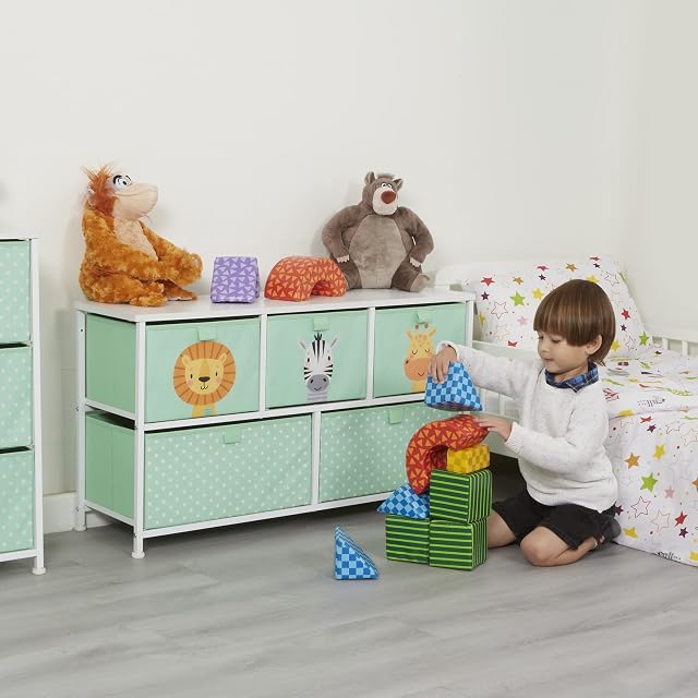 Liberty House Toys Kids Storage Unit, Engineered Wood, Plastic, Metal, Fabric, Green, H550 x W1000 x D300mm