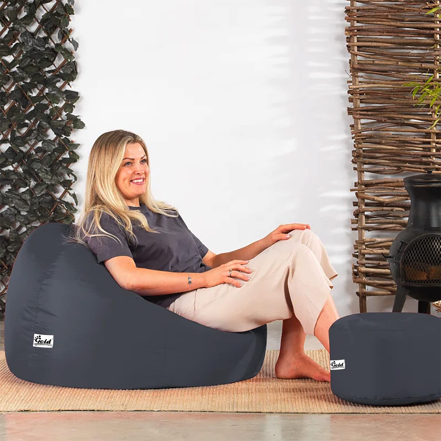 Gold XXXL Bean Bag & Footrest Filled with Beans, Grey Ready to Use