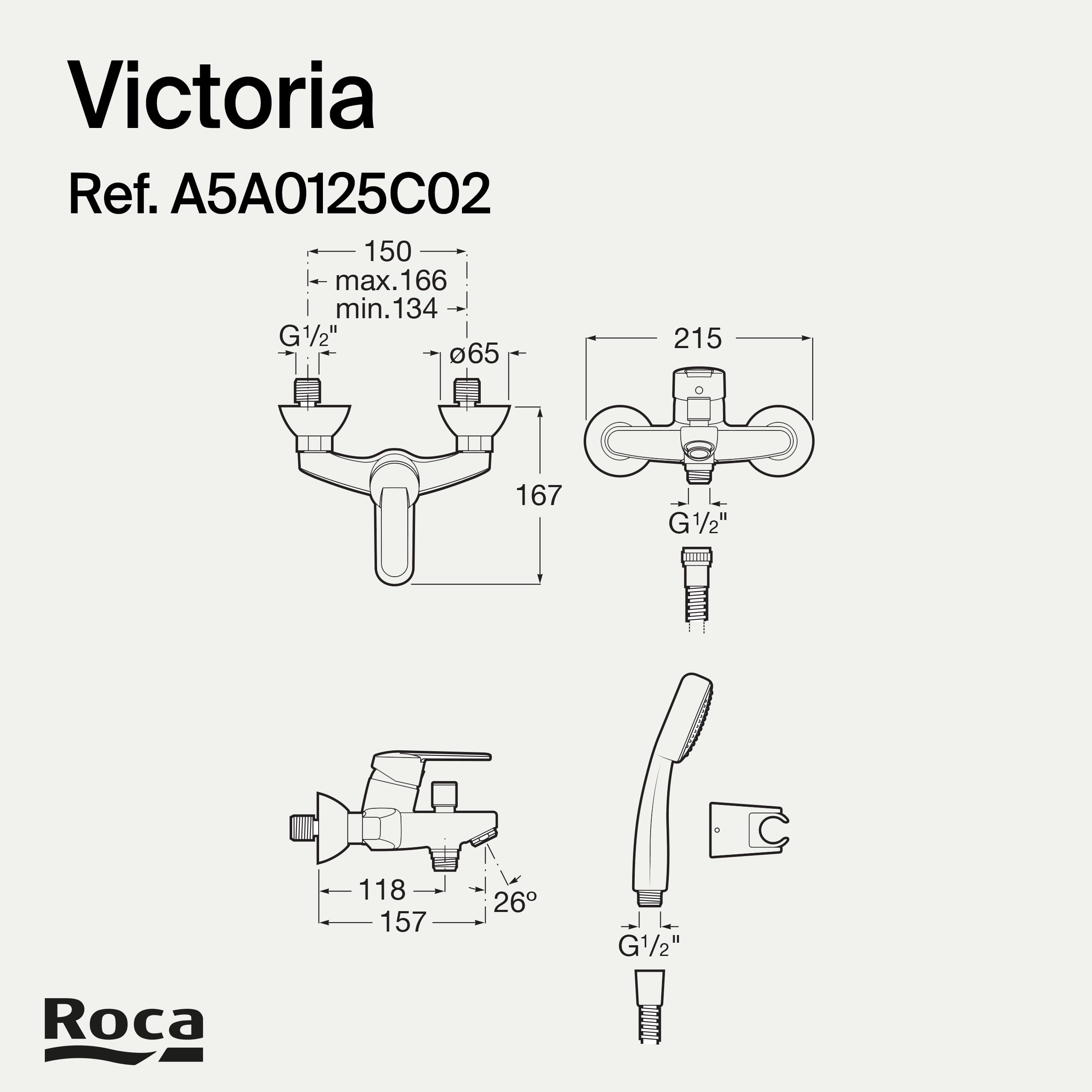 Roca,Victoria,Grifería monomando exterior baño-ducha con inversor automático, ducha de mano, flexible de 1,70 m. y soporte de ducha articulado,A5A0125C02