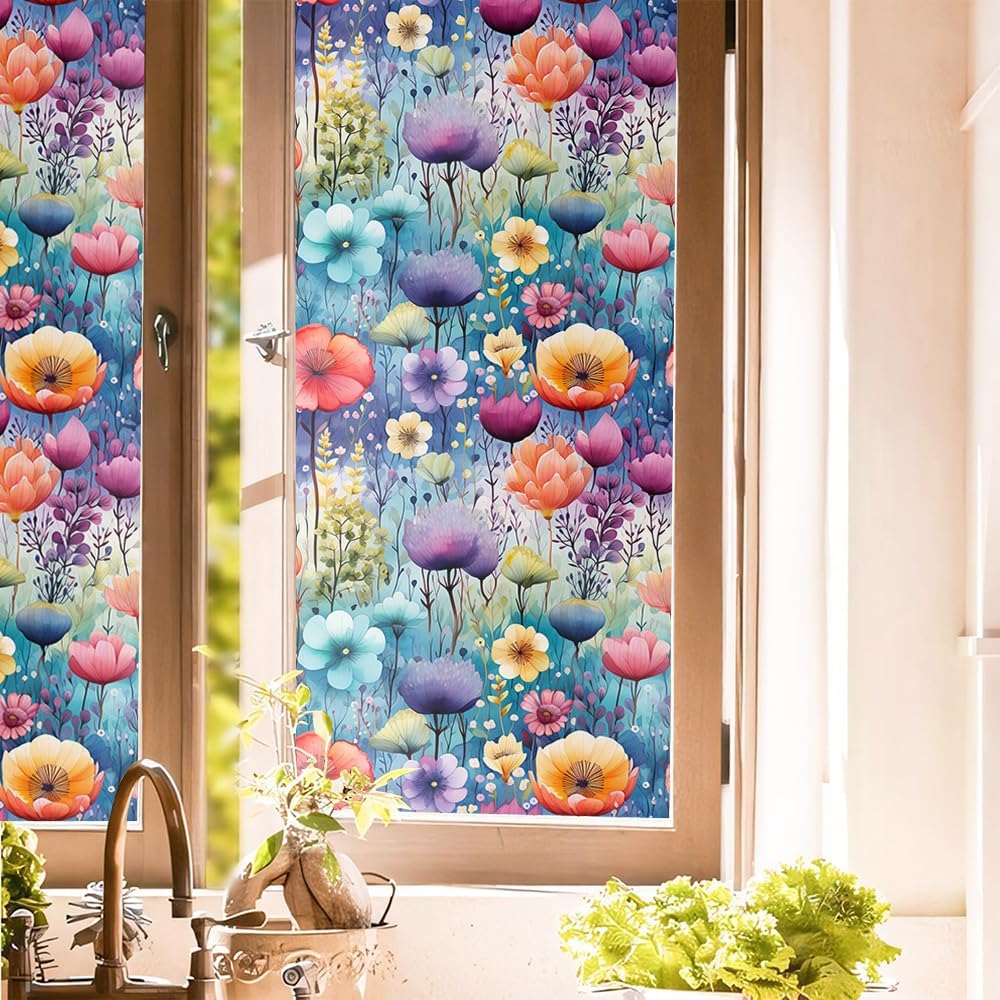 Purple Blue Pink Yellow Wildflowers Stained Glass Window Films Decorative Double-Side Privacy Film Self-Adhesive Static Glass Clings for Living Room Bathroom Decor