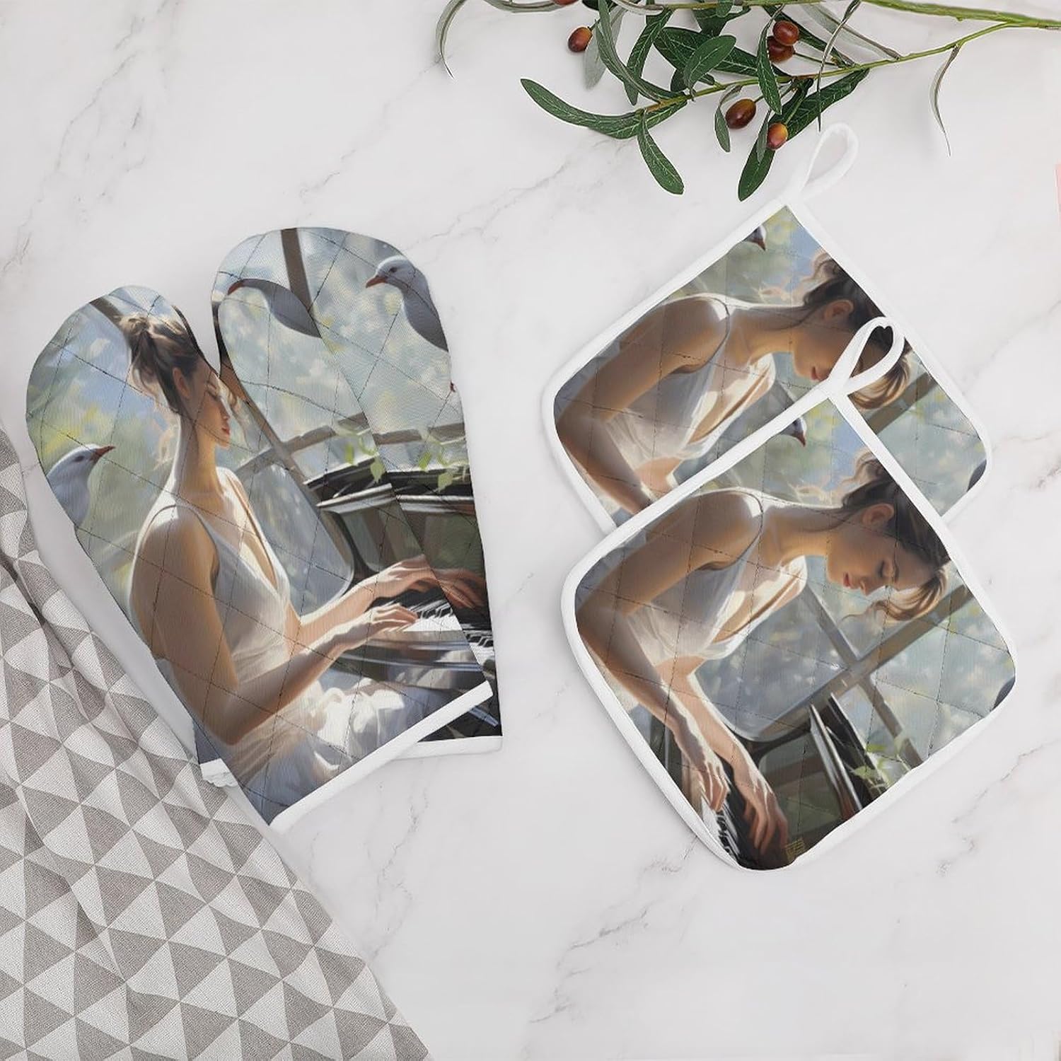 White Dove Women Playing Piano 4 Pcs Oven Mitts and Pot Holders Set High Heat Resistant Long Kitchen Oven Glove Potholders