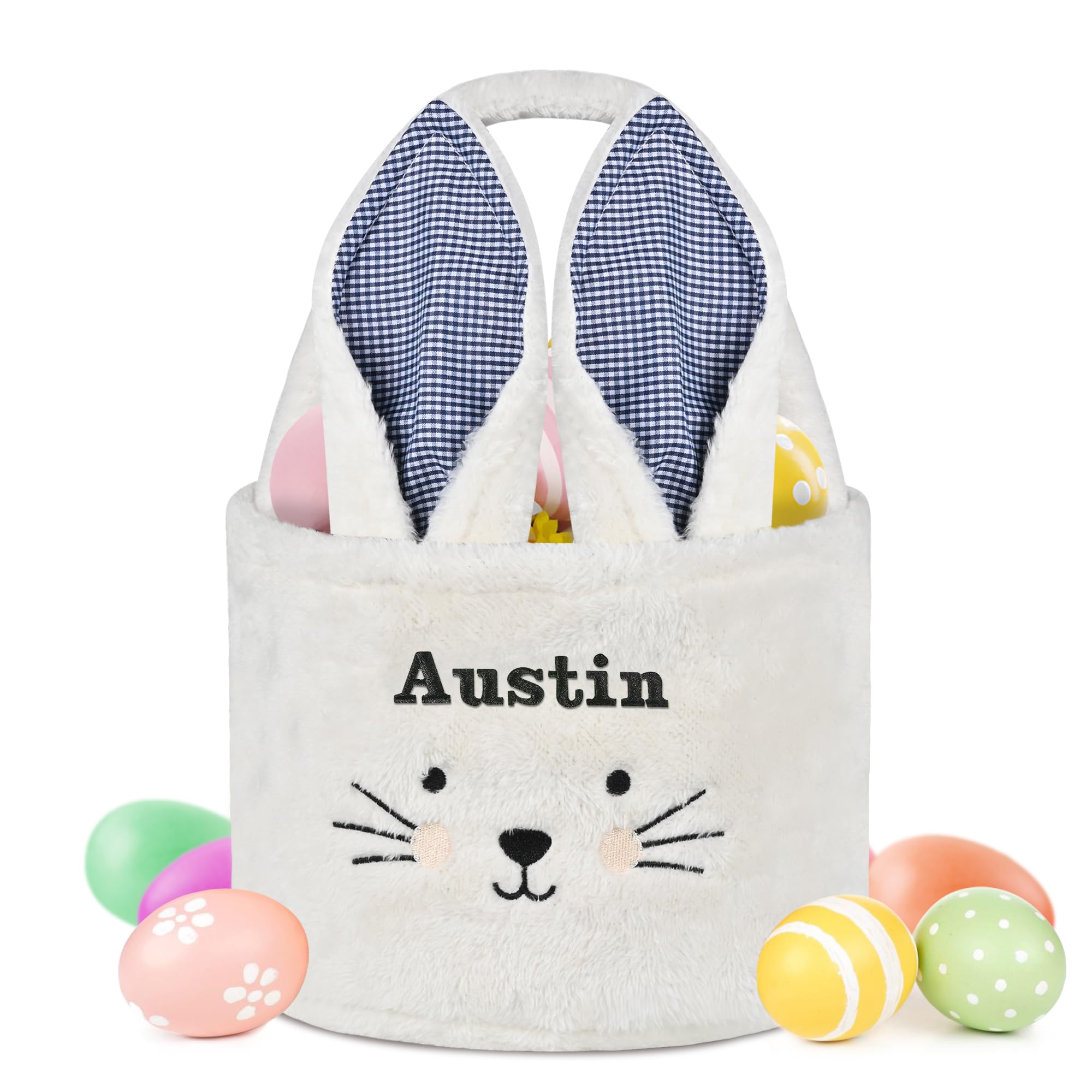 Zmoicky Easter Basket, Personalized Easter Baskets for Girls Boys - White Bunny
