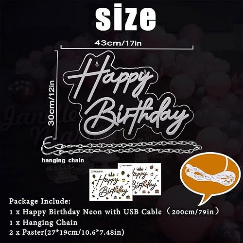 Miniatura 3 de Letrero de neón de feliz cumpleaños para decoración de pared, 17 x 12 pulgadas, letreros de luz de neón LED blancos de 17 x 12 pulgadas, decoración