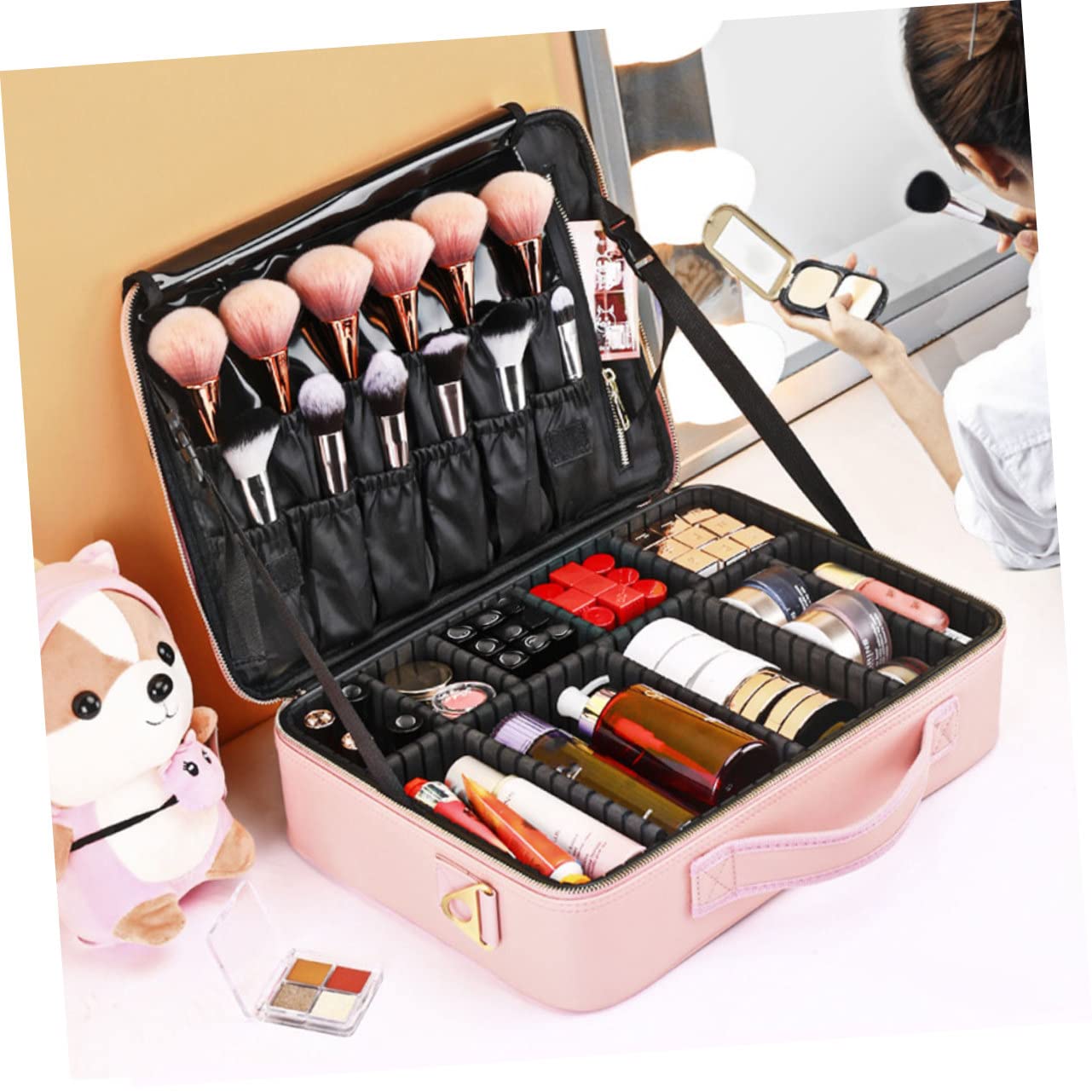 ERINGOGO Organisateur De Maquillage Portable Étanche PU avec Compartiments Amovibles Trousse De Voyage pour Cosmétiques Et Accessoires Moyenne