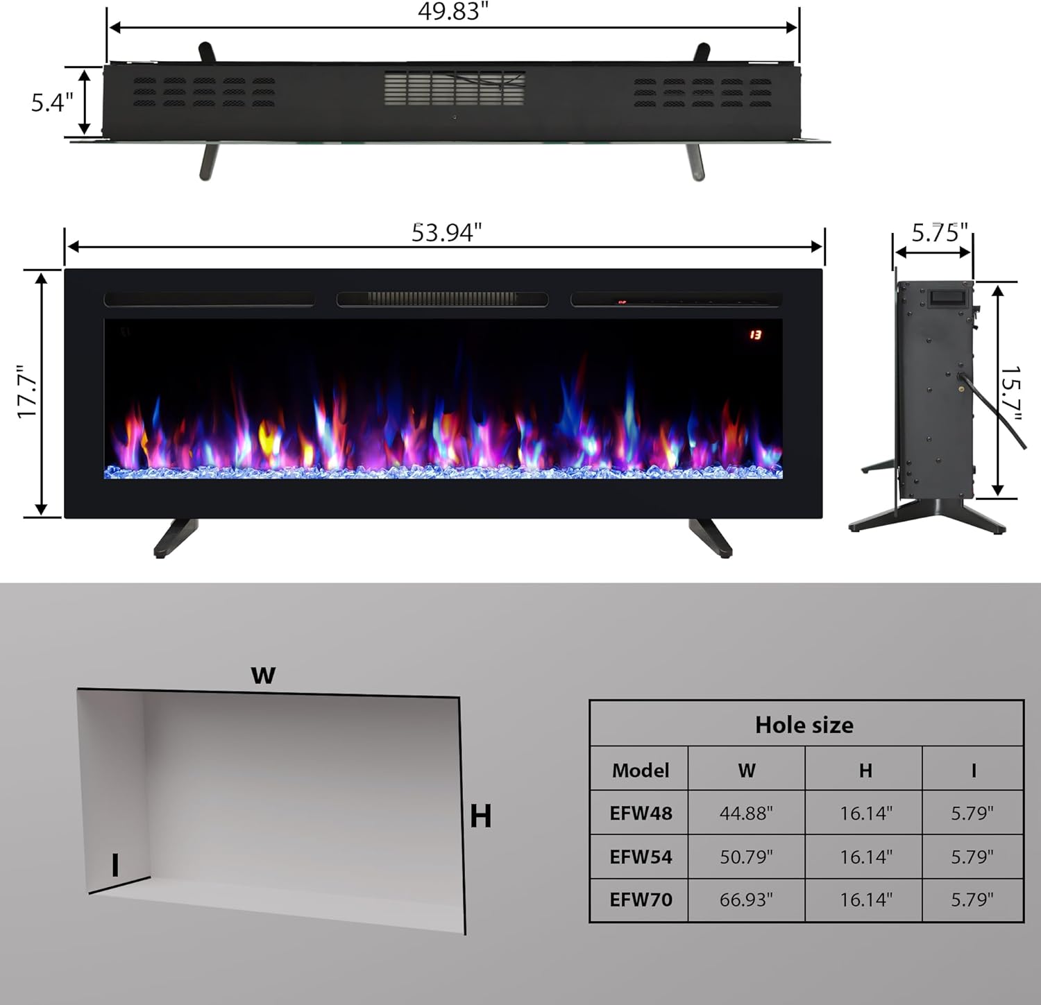54" Electric Fireplace, Recessed, Wall Mounted and Freestanding Fireplace Heater, Adjustable Flame Color, Speed & Brightness, Thermostat, 9H Timer, Child Lock