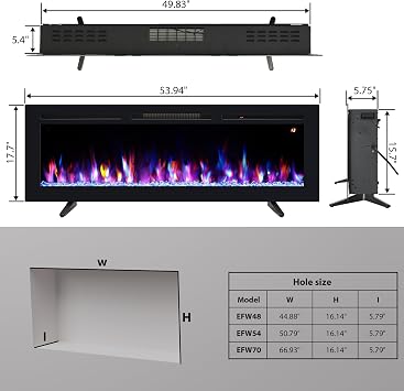 54 Electric Fireplace, Recessed, Wall Mounted and Freestanding Fireplace Heater, Adjustable Flame Color, Speed & Brightness, Thermostat, 9H Timer, Child Lock