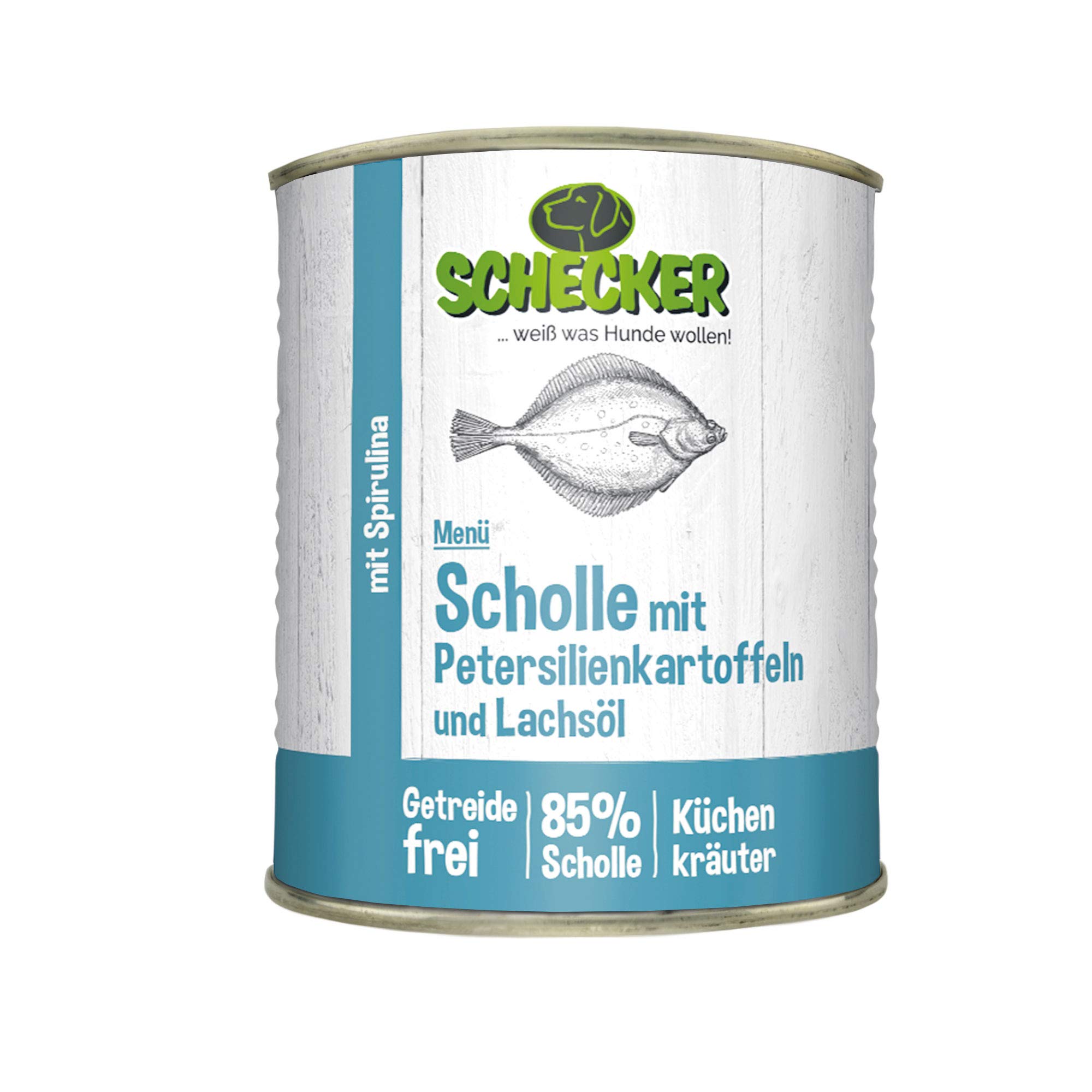 Schecker Nassfutter für Hunde - Hundemenü Scholle mit Lachsöl - 12 x 820 g - 85% Scholle - getreidefrei - Spirulina