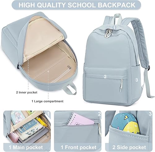 Miniatura 5 de LOIDOU Mochila para niñas, mochilas escolares para escuela primaria, secundaria, mochilas para laptop para mujeres, Gris azulado, Mochila