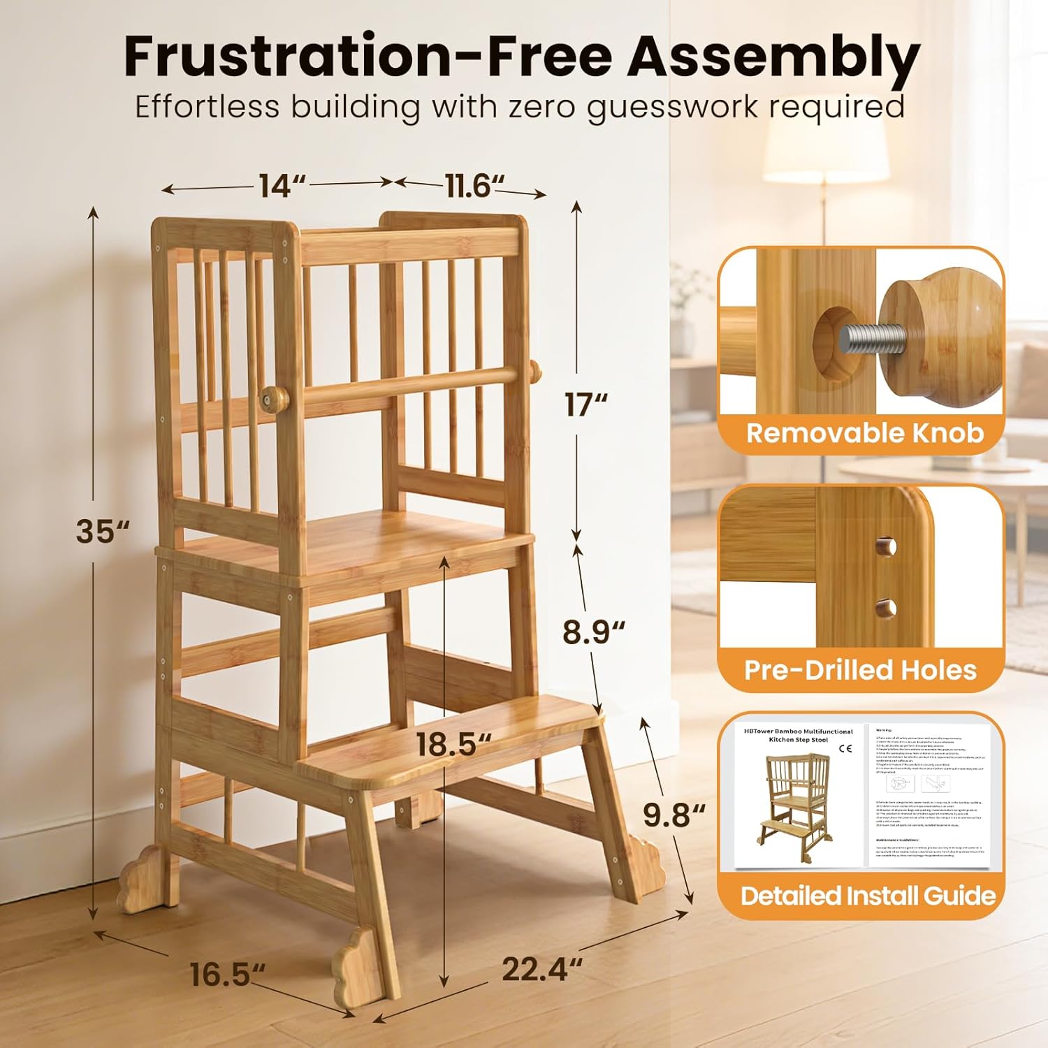 HBTower Kids Kitchen Step Stool with Safety Rails & Anti-Slip Feet,Toddler Standing Tower for Kitchen Counter Learning - Hold Up to 450lbs,Anti-Slip Feet Toddlers Learning Tower,Natural Bamboo