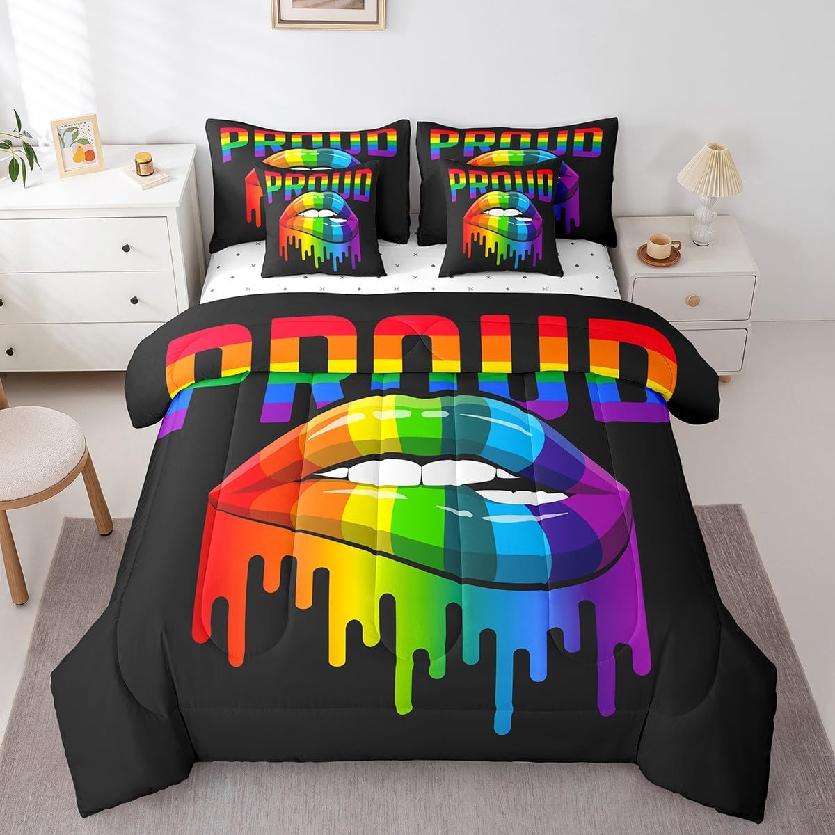 7 Pieces Pride Theme Comforter Set for Kids Rainbow Lips Bedding Set Queen Size,Colorful Stripes Comforter for Boys Girls Adult Watercolor Tie-dye Super Soft Fade Resistant Microfiber Bedding