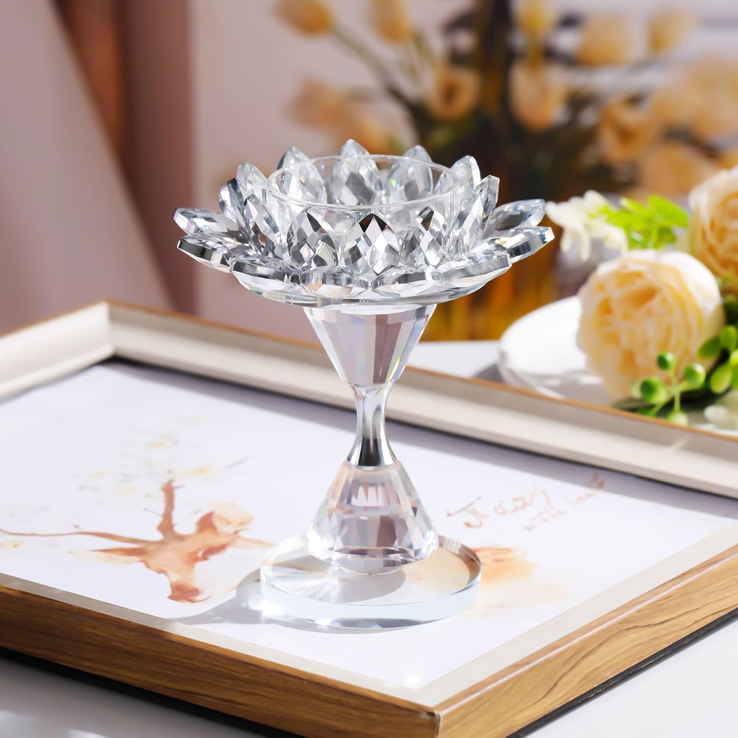 YWHL Portavelas de cristal plateado con flor de loto, portavelas para