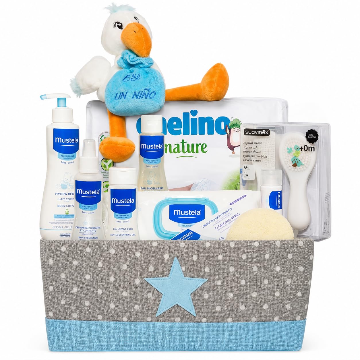 Canastilla Bebé Supreme | Cesta Regalo Recién Nacido | Incluye Caja Multiusos, Peluche Cigüeña, Gel, Champú, Colonia, Crema, Hidratante, Esponja, Cepillo y Peine, Toallitas y Pañales (Azul)