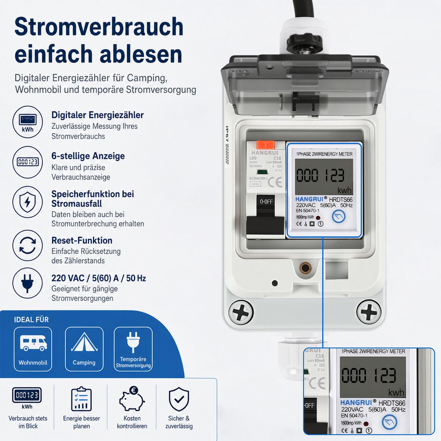 Contador de electricidad móvil 230 V 16 A con interruptor de circuito FI | Indicador LED con función de memoria, botón de reinicio y 2 cables de 1,5 m