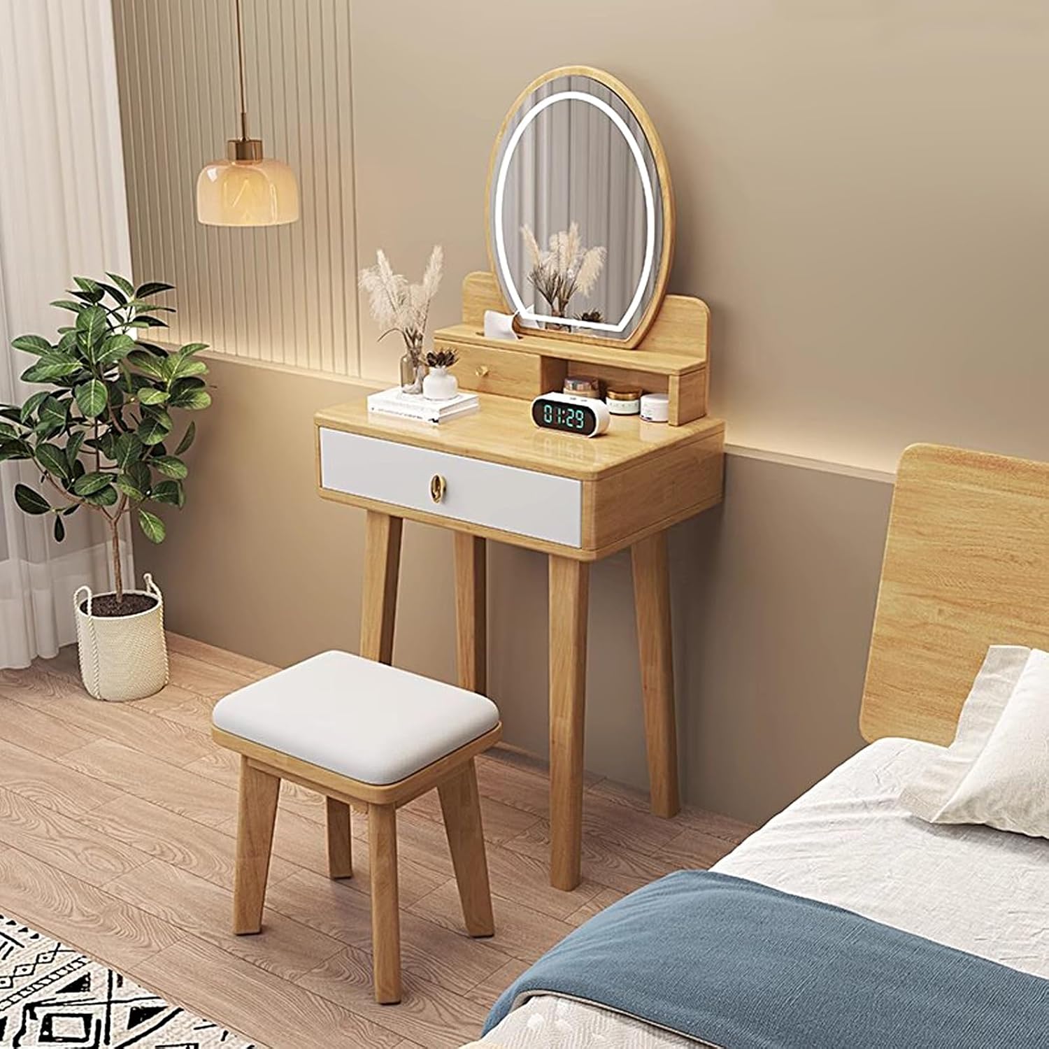 Wooden Makeup Vani with Lights Girls' Dressing Table with Der Slish Sto Console for Kids & WomenMakeup Stat (Natural + White)