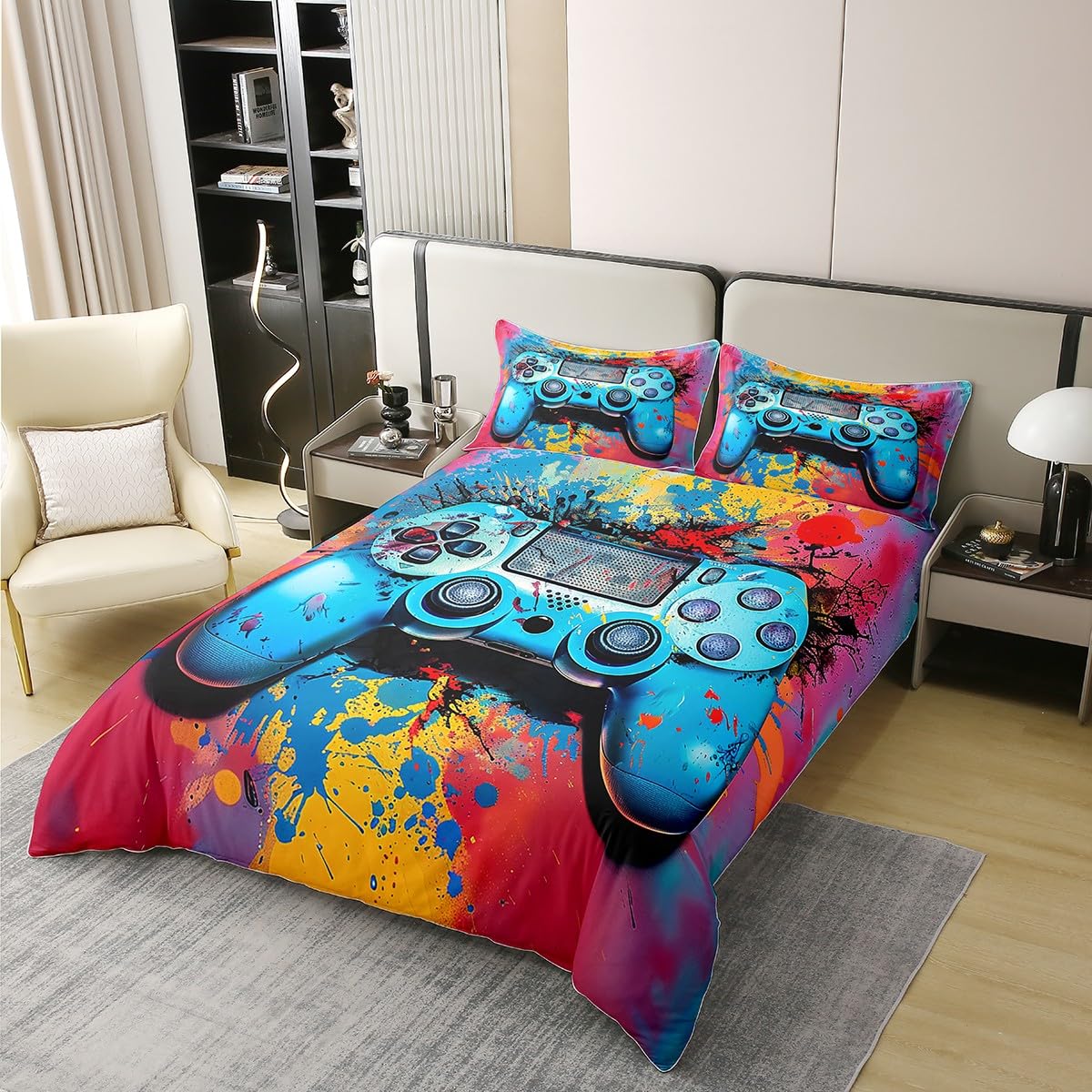 Homemissing Kids Gamer Duvet Cover 100% Cotton Game Controller Bedding Set Double Girls Bedroom Decor Gaming Gifts Comforter Cover Set Gamepad Colorful Bedspread Cover With 2 Pillow Case No Comforter - Image 2