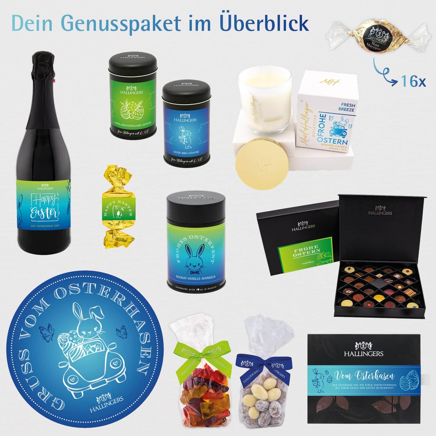 Hallingers Genuss Manufaktur Feinkost Oster-Geschenk-Set - XXL-Geschenkkorb "Gruß vom Osterh..." großer Ostergruß Ostereier, Gewürz, Sekt, Schoki, Duftkerze & viel mehr, Ostern Körbchen für Frauen